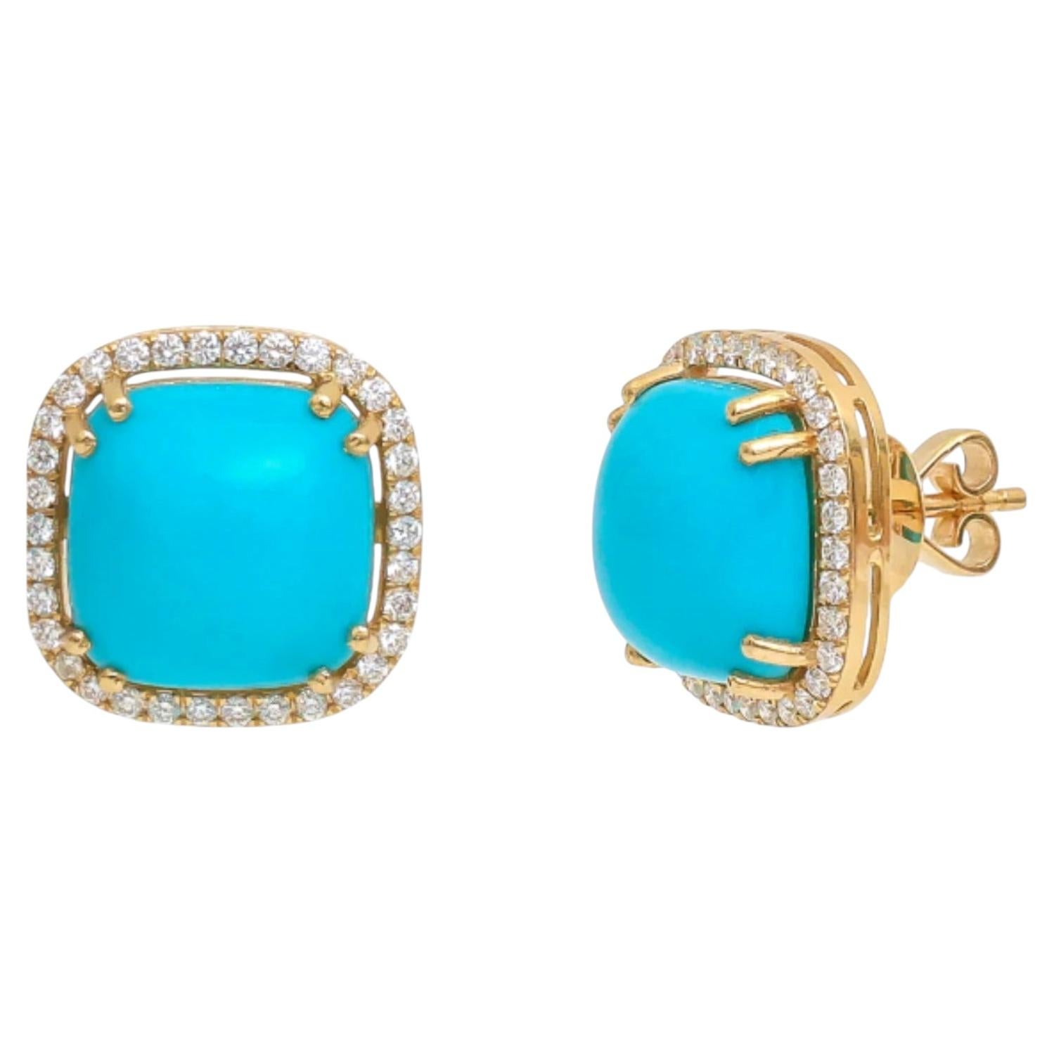 Natural 11.52cts Turquoise & 0.59cts Diamond Earring in 14k Gold For Sale