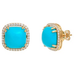 Elegant 14K Yellow Gold Turquoise and Diamond Stud Earrings, 11.52ct