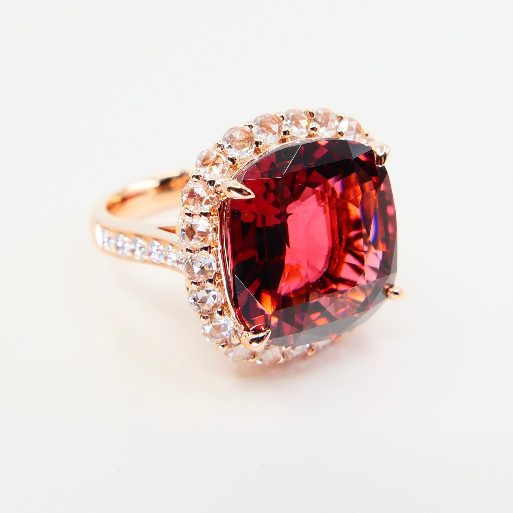 GIA Certified 11.55 Cts Orange Pink Tourmaline & Rose Cut Diamond Cocktail Ring For Sale 3