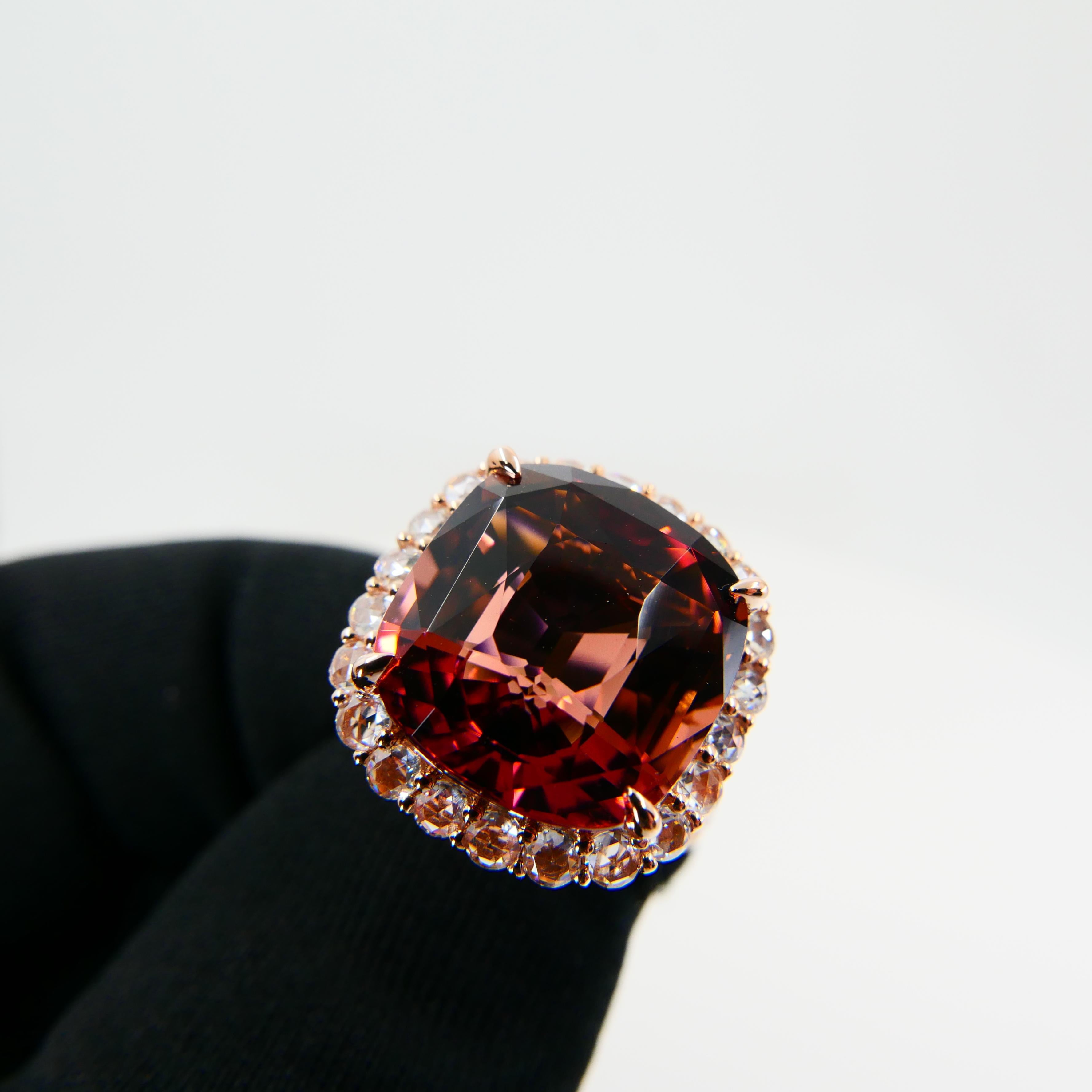 GIA Certified 11.55 Cts Orange Pink Tourmaline & Rose Cut Diamond Cocktail Ring For Sale 5