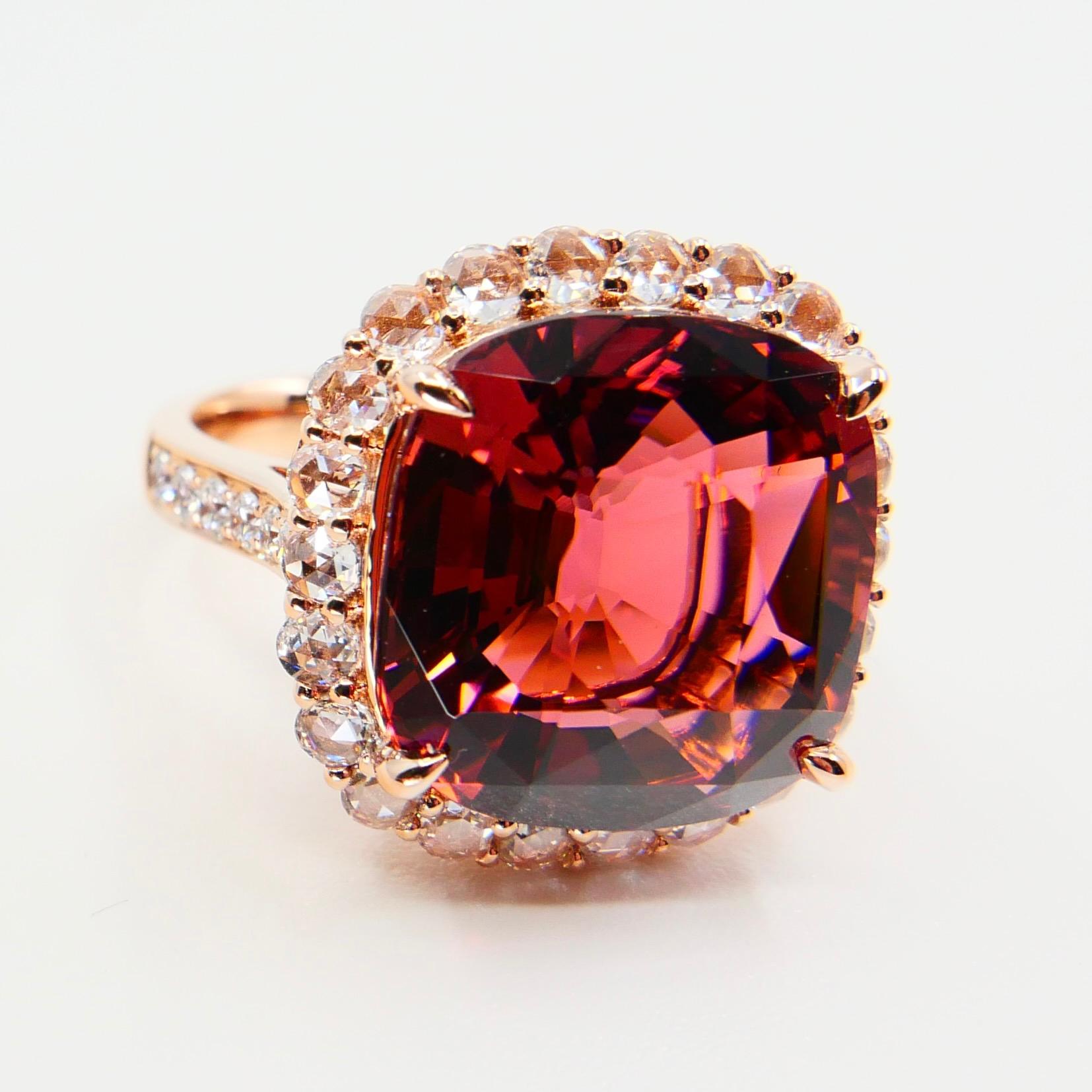 GIA Certified 11.55 Cts Orange Pink Tourmaline & Rose Cut Diamond Cocktail Ring For Sale 6
