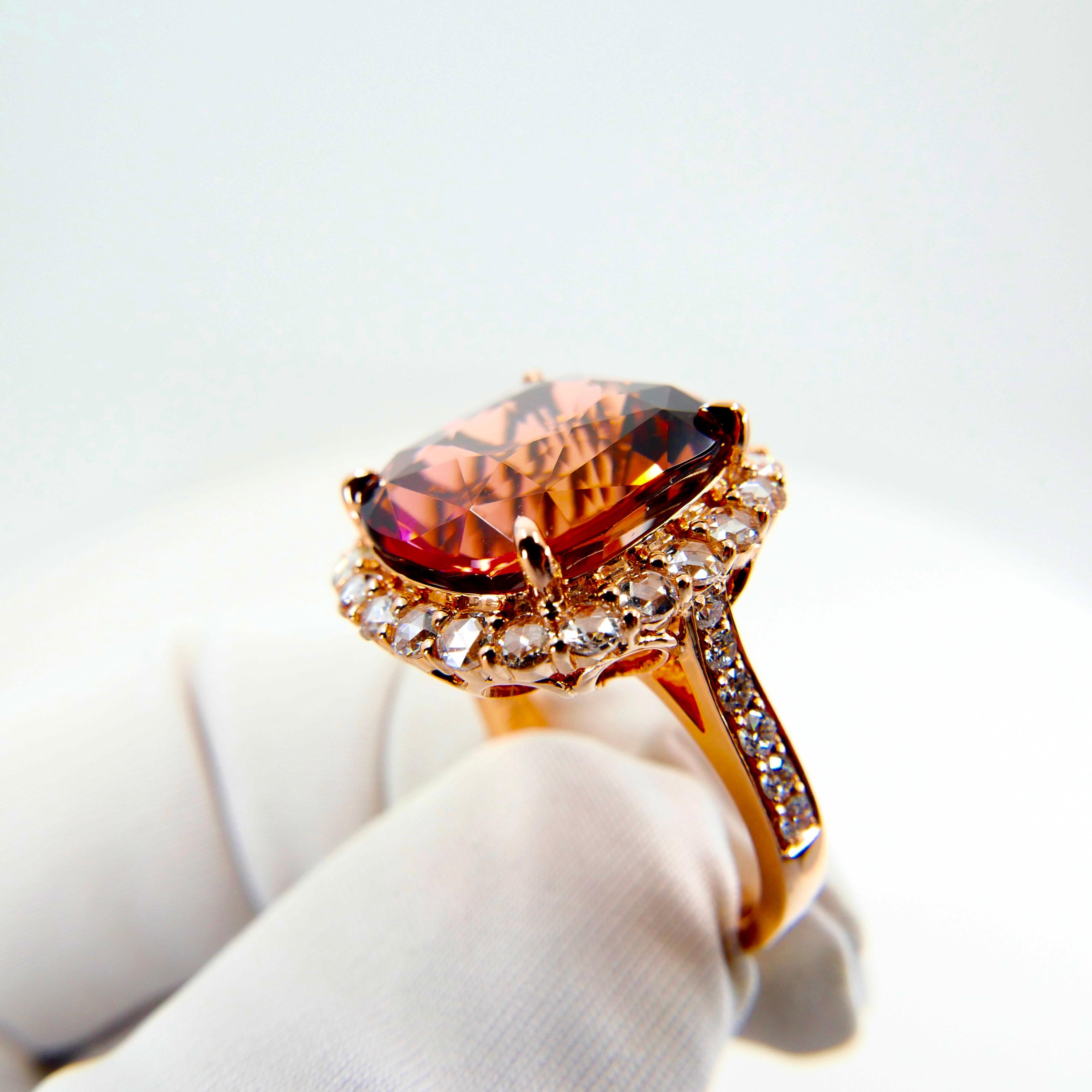 GIA Certified 11.55 Cts Orange Pink Tourmaline & Rose Cut Diamond Cocktail Ring For Sale 7