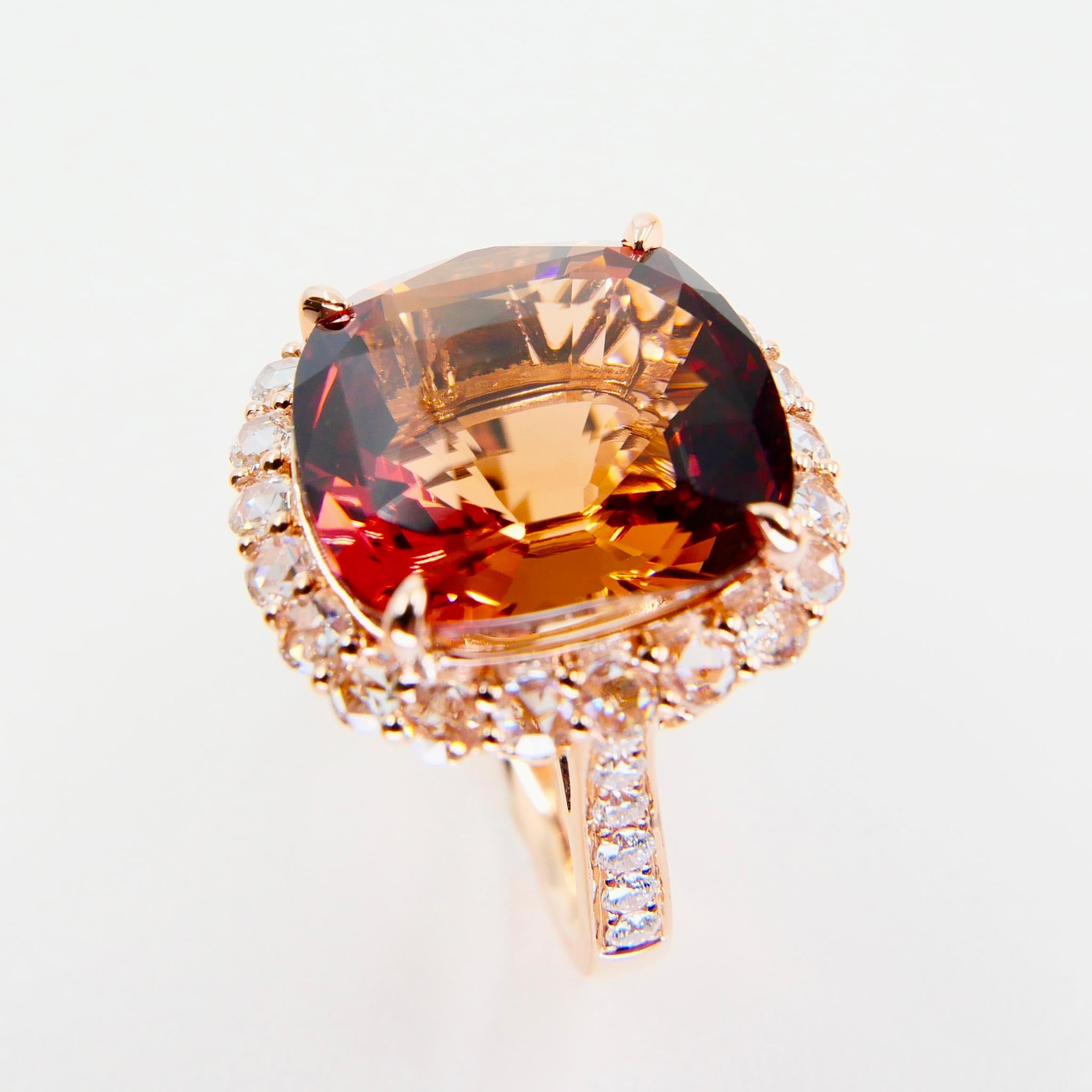 GIA Certified 11.55 Cts Orange Pink Tourmaline & Rose Cut Diamond Cocktail Ring For Sale 8