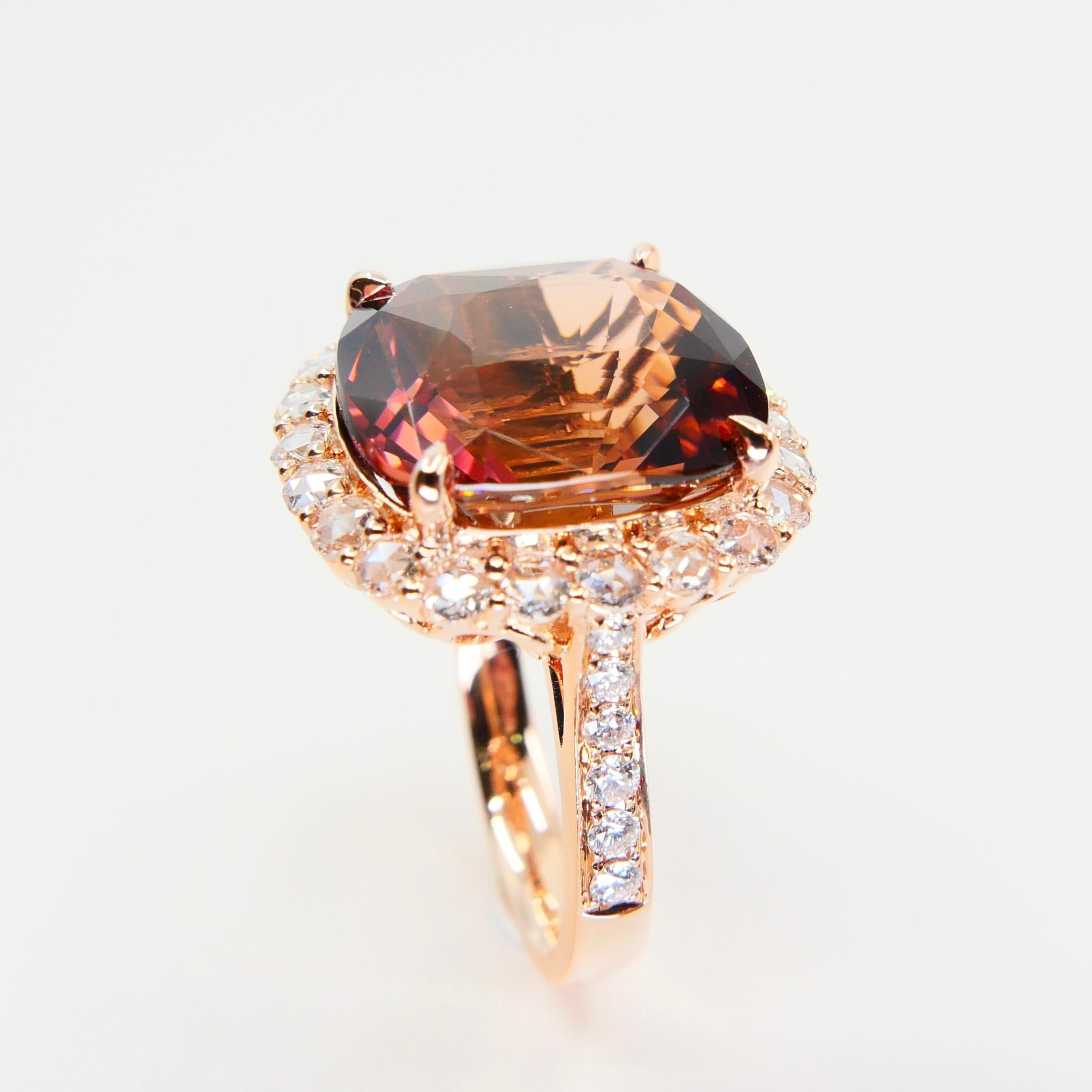 GIA Certified 11.55 Cts Orange Pink Tourmaline & Rose Cut Diamond Cocktail Ring For Sale 10