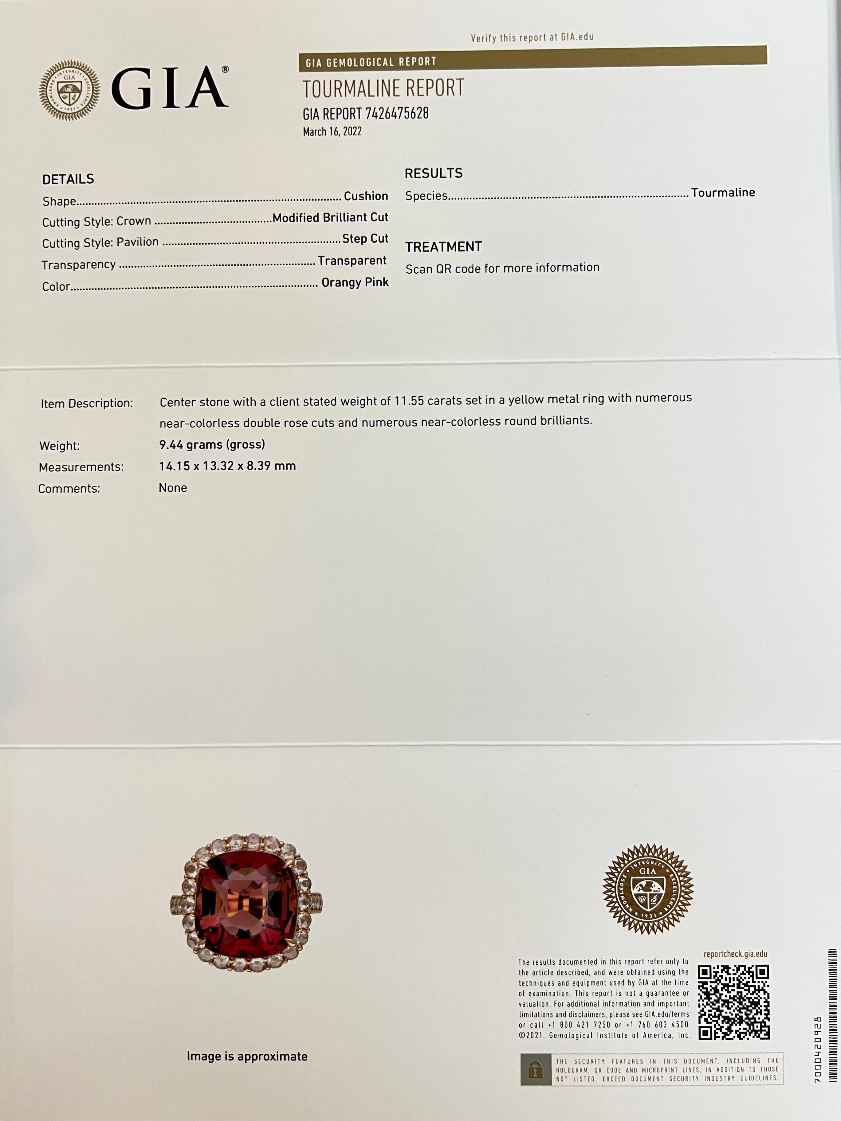GIA-zertifizierter Cocktailring mit 11,55 Karat orange-rosa Turmalin und Diamant im Rosenschliff im Angebot 14