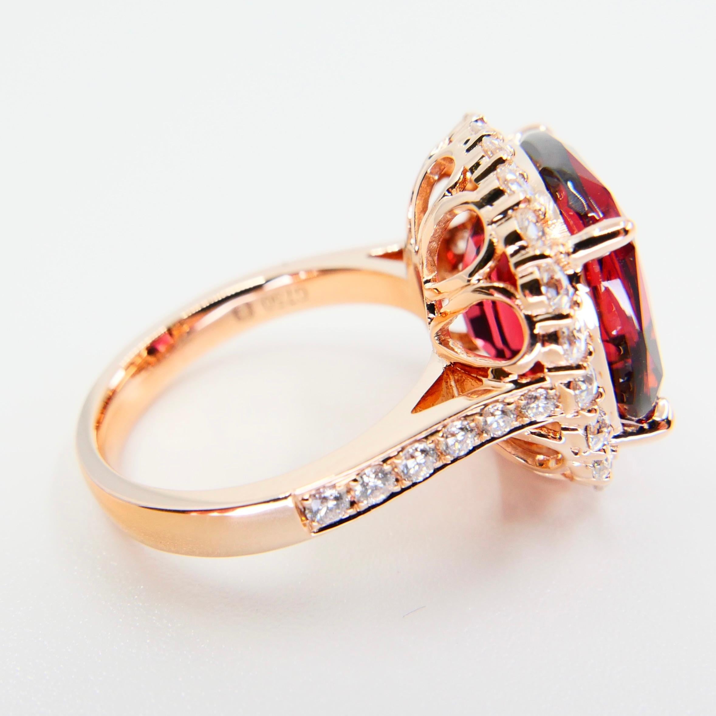 Cushion Cut GIA Certified 11.55 Cts Orange Pink Tourmaline & Rose Cut Diamond Cocktail Ring For Sale