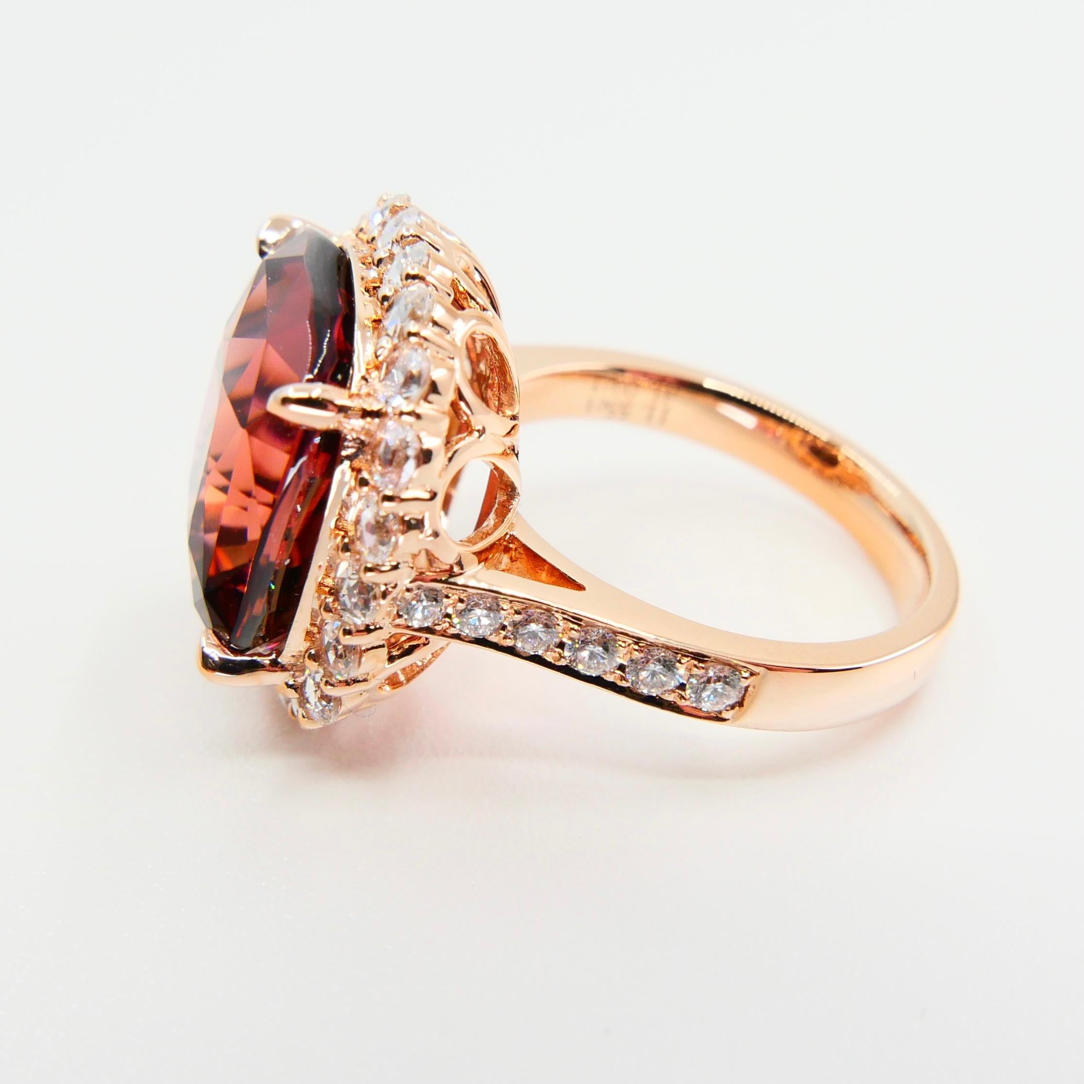 GIA Certified 11.55 Cts Orange Pink Tourmaline & Rose Cut Diamond Cocktail Ring For Sale 1
