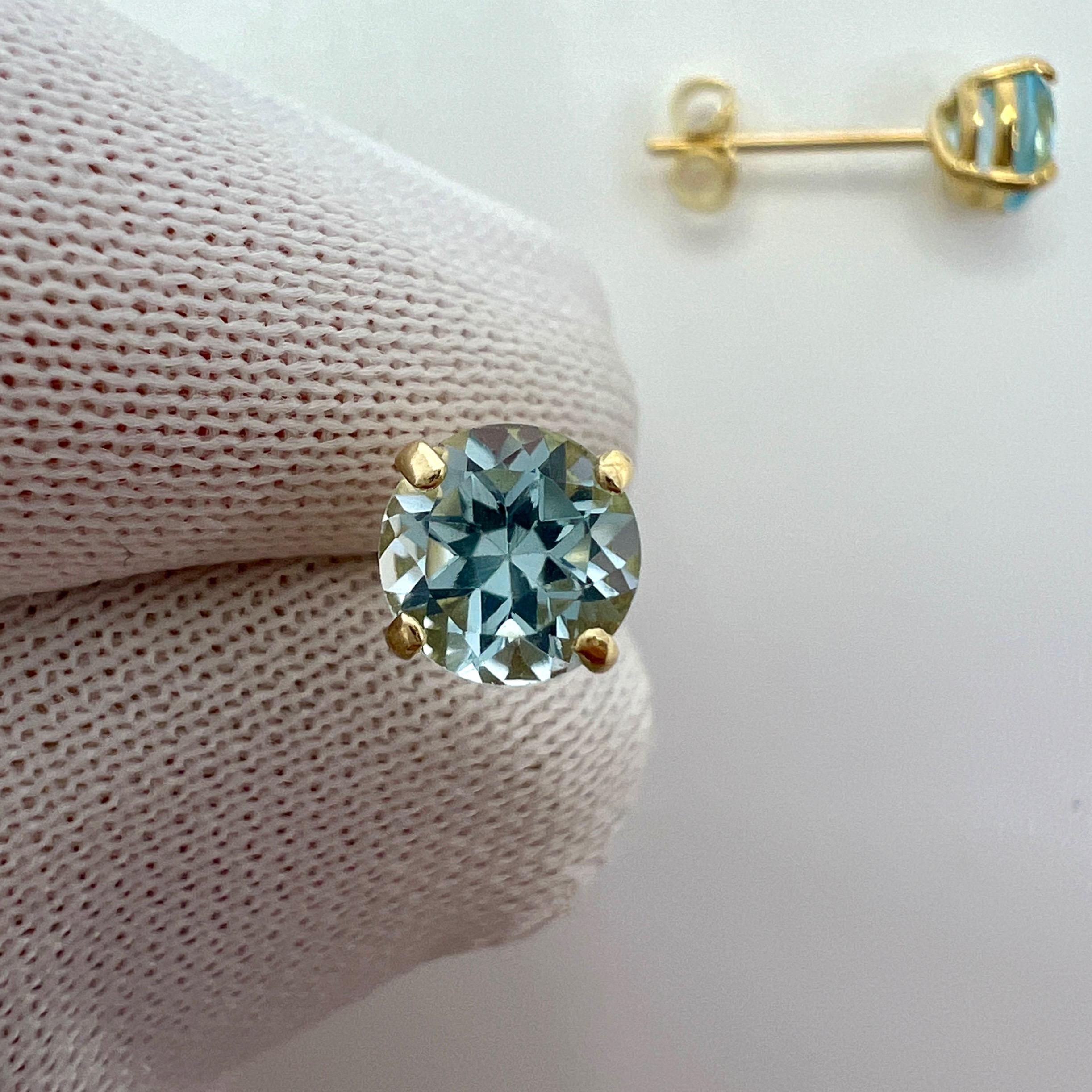 Natural 1.15ct Vivid Sky Blue Topaz Round Cut Yellow Gold 9k Stud Earrings In New Condition For Sale In Birmingham, GB