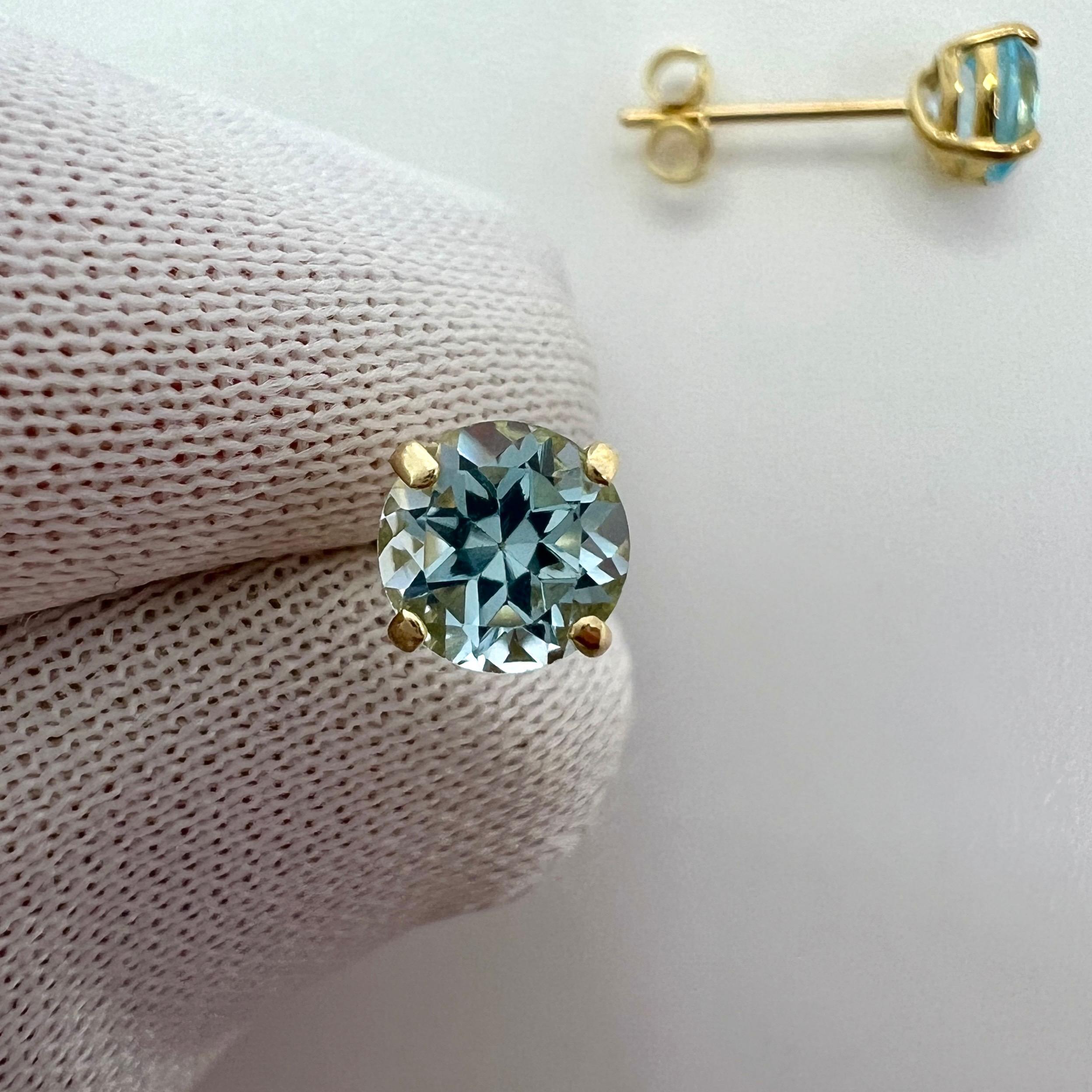 Natural 1.15ct Vivid Sky Blue Topaz Round Cut Yellow Gold 9k Stud Earrings For Sale 2