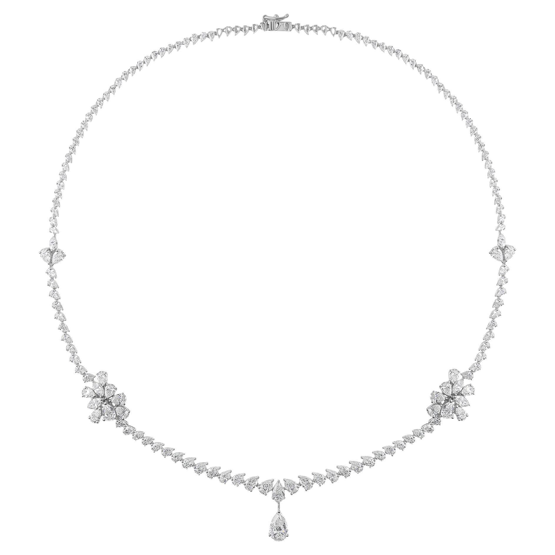 Natural 11.69 Carat SI Clarity HI Color Pear Diamond Necklace 14k White Gold