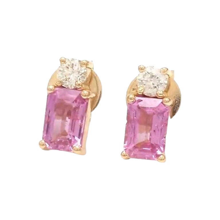 Natural Pink Sapphire and Diamond Stud Earrings in 14K Gold, 1.16ct For Sale
