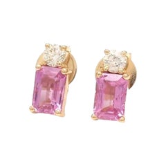 Natural 1.16cts Pink Sapphire & 0.21cts Diamond Round Studs Earrings in 14k Gold