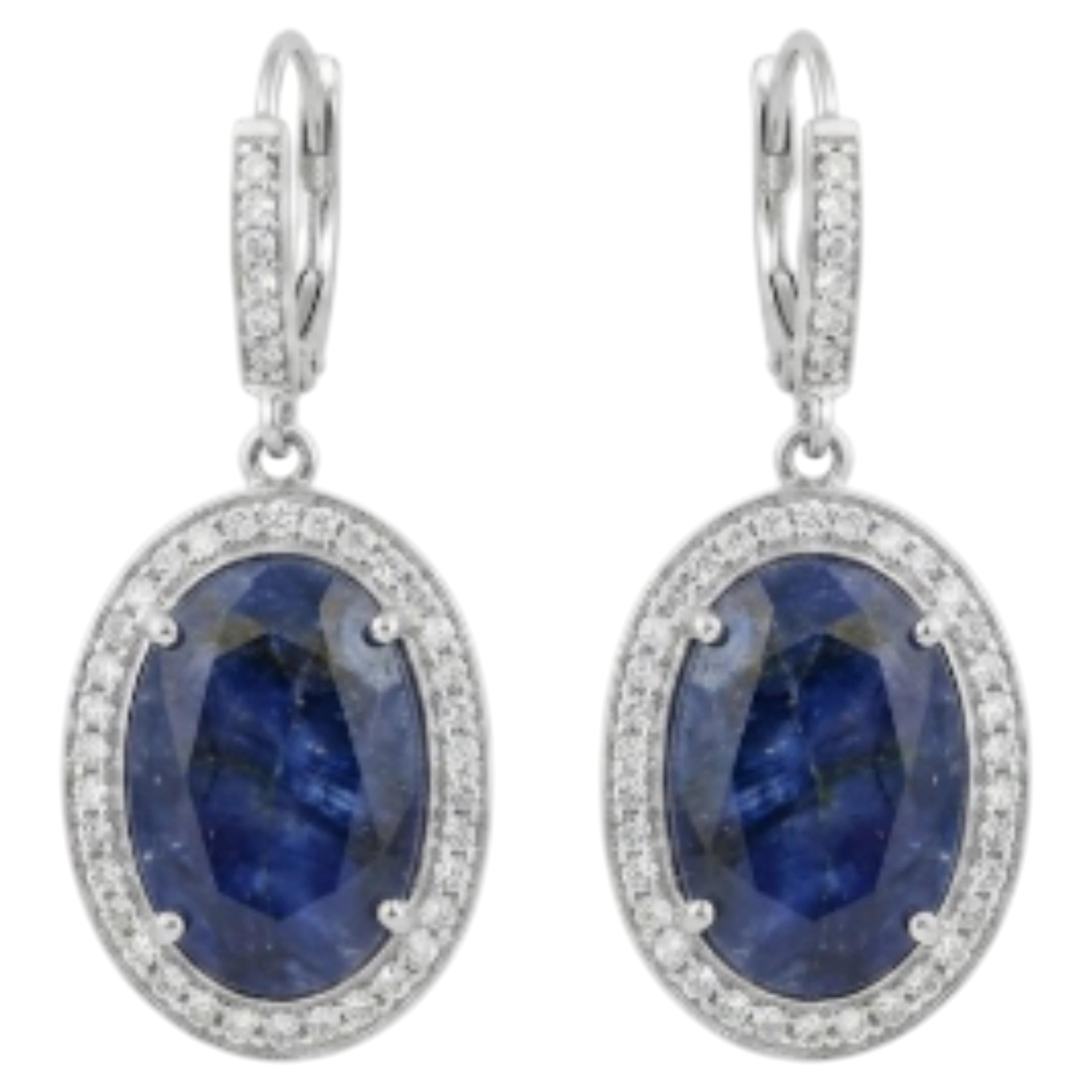 Natural 11.75Cts Blue Sapphire & 0.85Cts Diamond Earring in 14k Gold For Sale