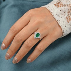 Natural 1.17Ct Zambian Emerald Diamond Halo 18 Karat White Gold Wedding Ring
