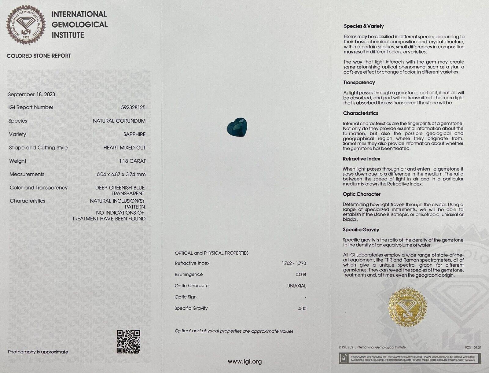 Natural 1.18Ct Deep Green Blue Teal Sapphire Heart Cut IGI Certified Gemstone For Sale 5