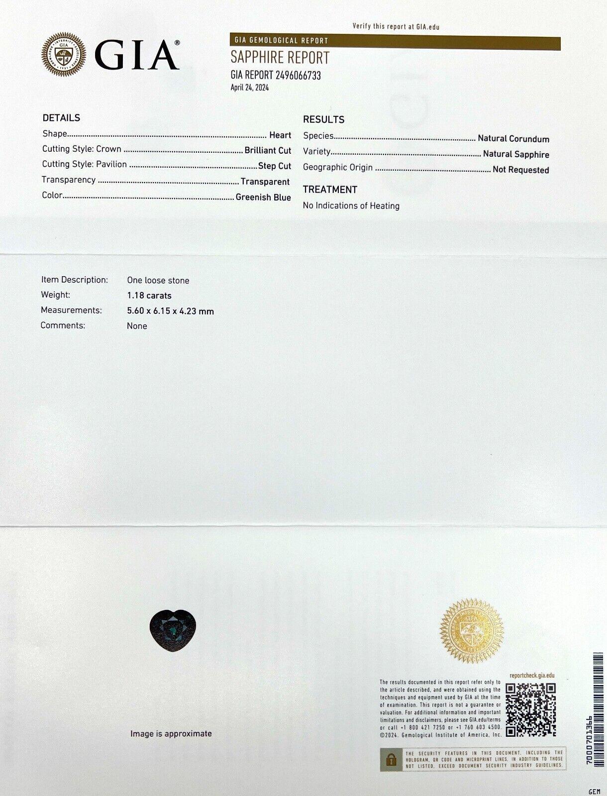 Natural 1.18Ct Untreated Green Blue Sapphire Gia Certified Unheated Heart Cut In New Condition For Sale In Birmingham, GB