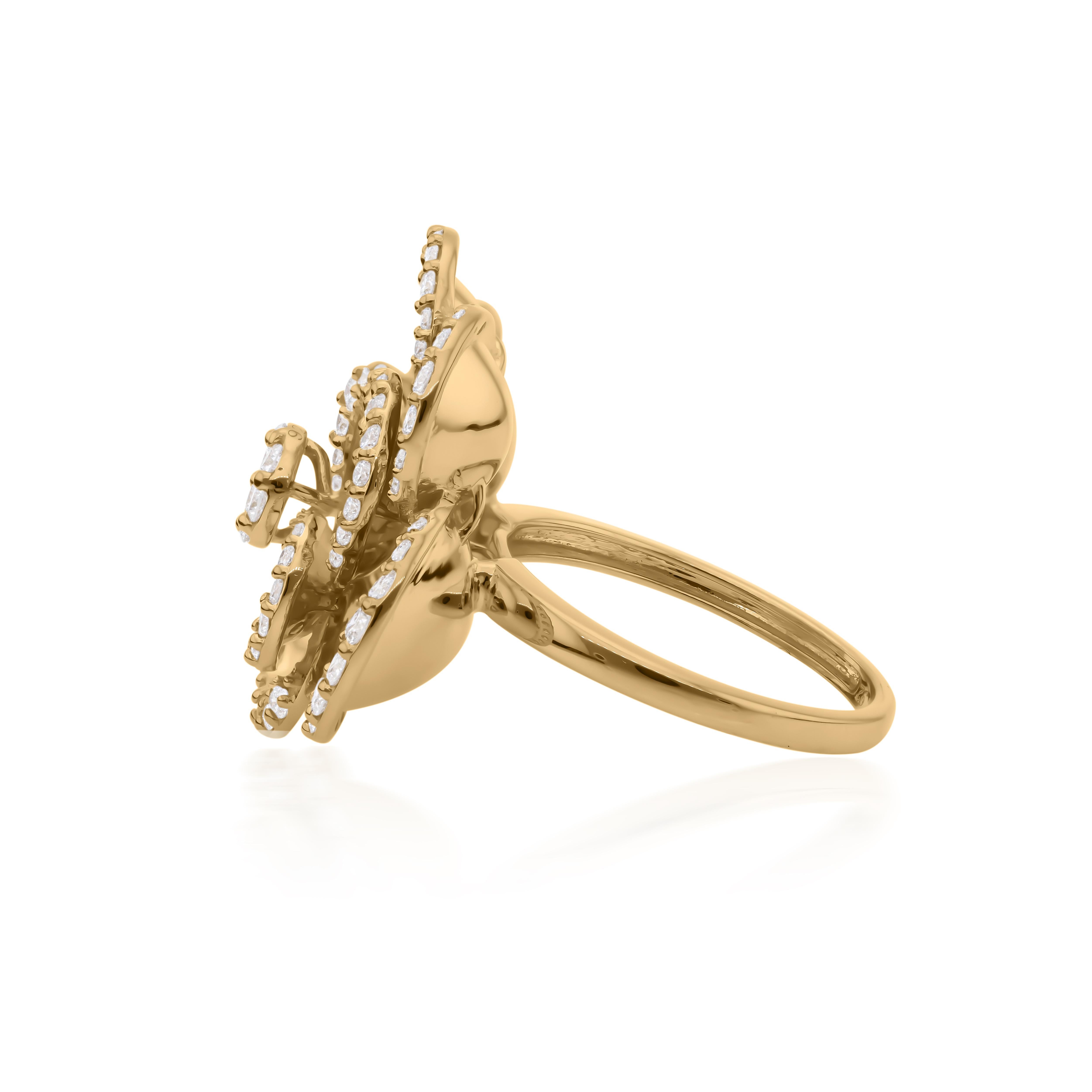 Natural 1.19 Carat SI/H Diamond Flower Cocktail Ring 18 Karat Yellow Gold For Sale 2