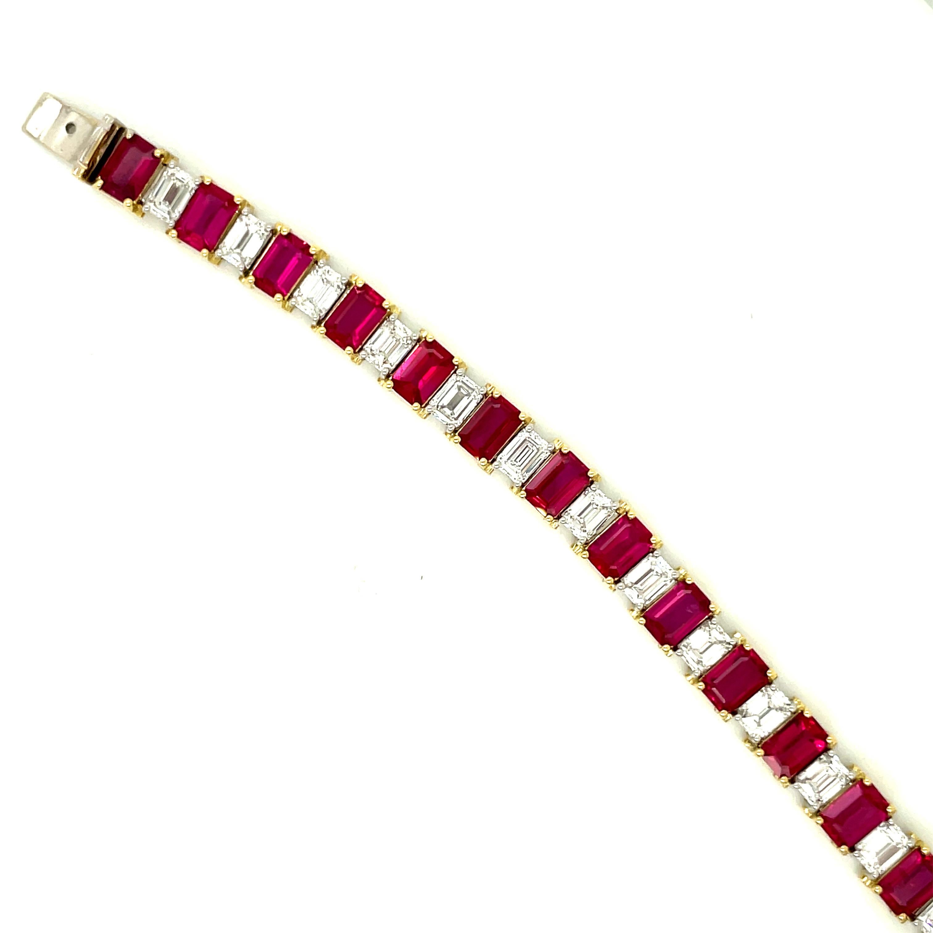 Natural 11.91 Carat Ruby / Natural Diamond Emerald Cut Tennis Bracelet In New Condition For Sale In LA, CA