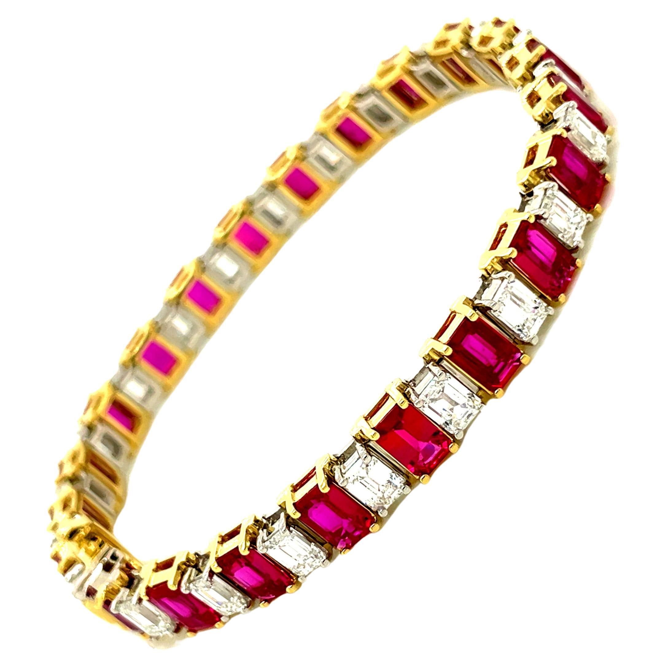 Natural 11.91 Carat Ruby / Natural Diamond Emerald Cut Tennis Bracelet For Sale