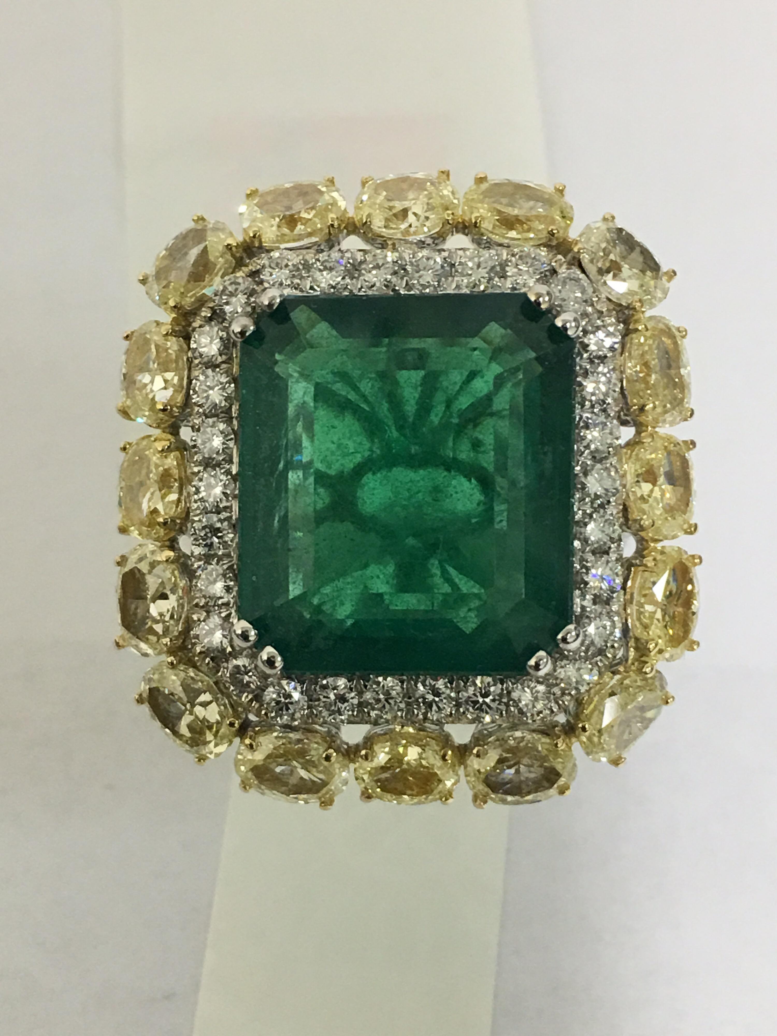 Art Deco Natural 11.93 Carat Emerald Yellow and White Diamond Cocktail Ring