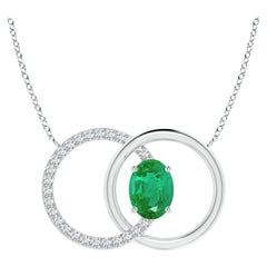 Natural 1.1ct Emerald Interlocking Circle Necklace with Diamond 14K White Gold
