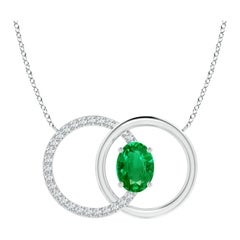 Natural 1.1ct Emerald Interlocking Circle Necklace with Diamond 14K White Gold