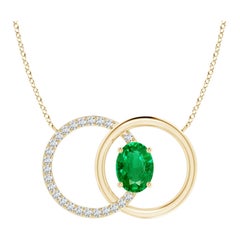 Natural 1.1ct Emerald Interlocking Circle Necklace with Diamond 14K Yellow Gold
