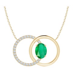 Natural 1.1ct Emerald Interlocking Circle Necklace with Diamond 14K Yellow Gold