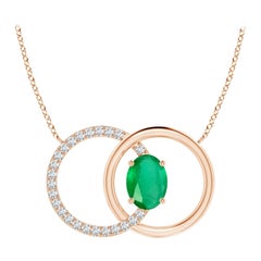 Natural 1.1ct Emerald Interlocking Circle Necklace with Diamond in 14K Rose Gold