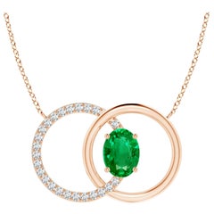 Natürlicher 1,1ct Smaragd Interlocking Kreis Halskette mit Diamant in 14K Rose Gold