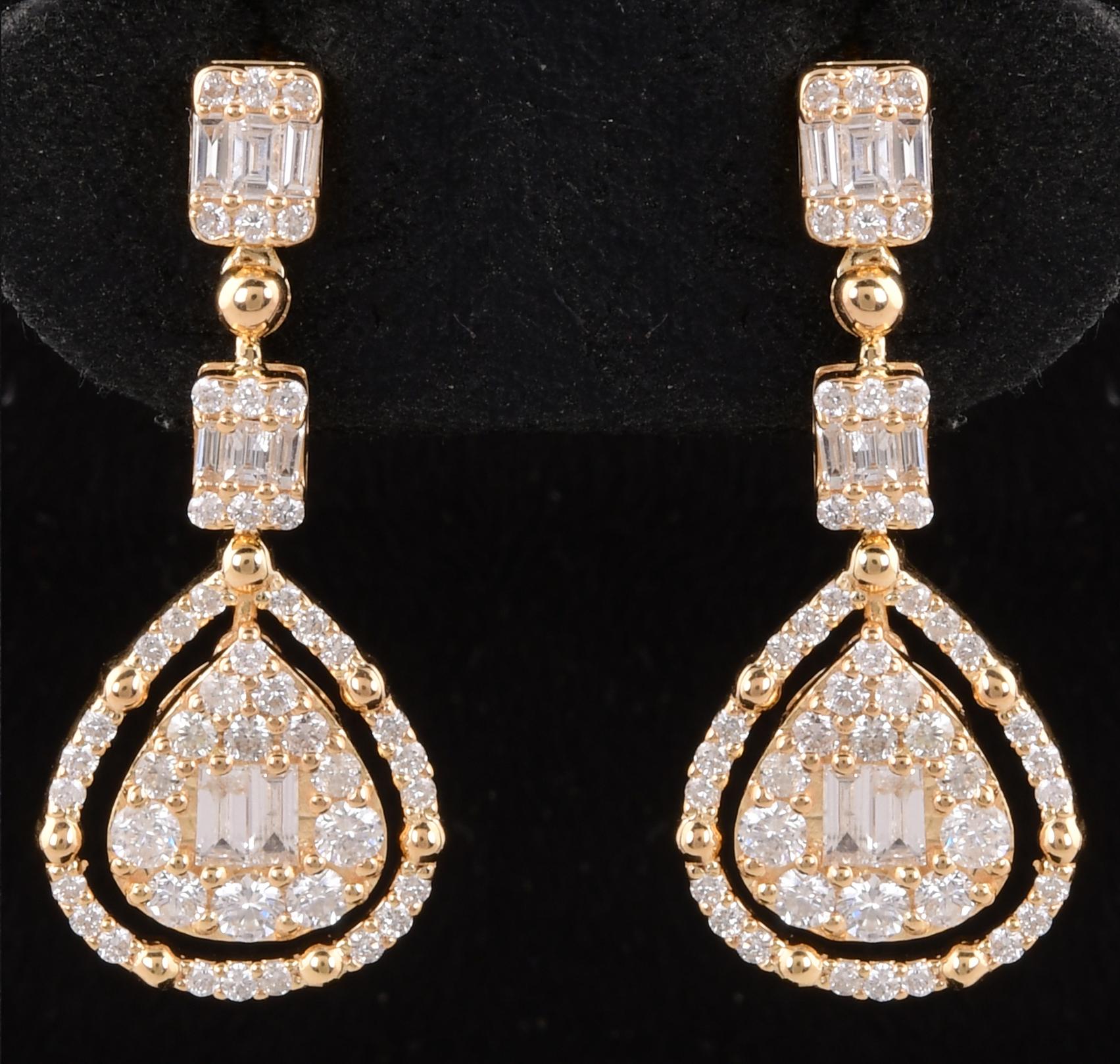 Taille baguette Pendants d'oreilles en or jaune 10 carats avec diamants baguettes naturels de 1,2 carat en vente