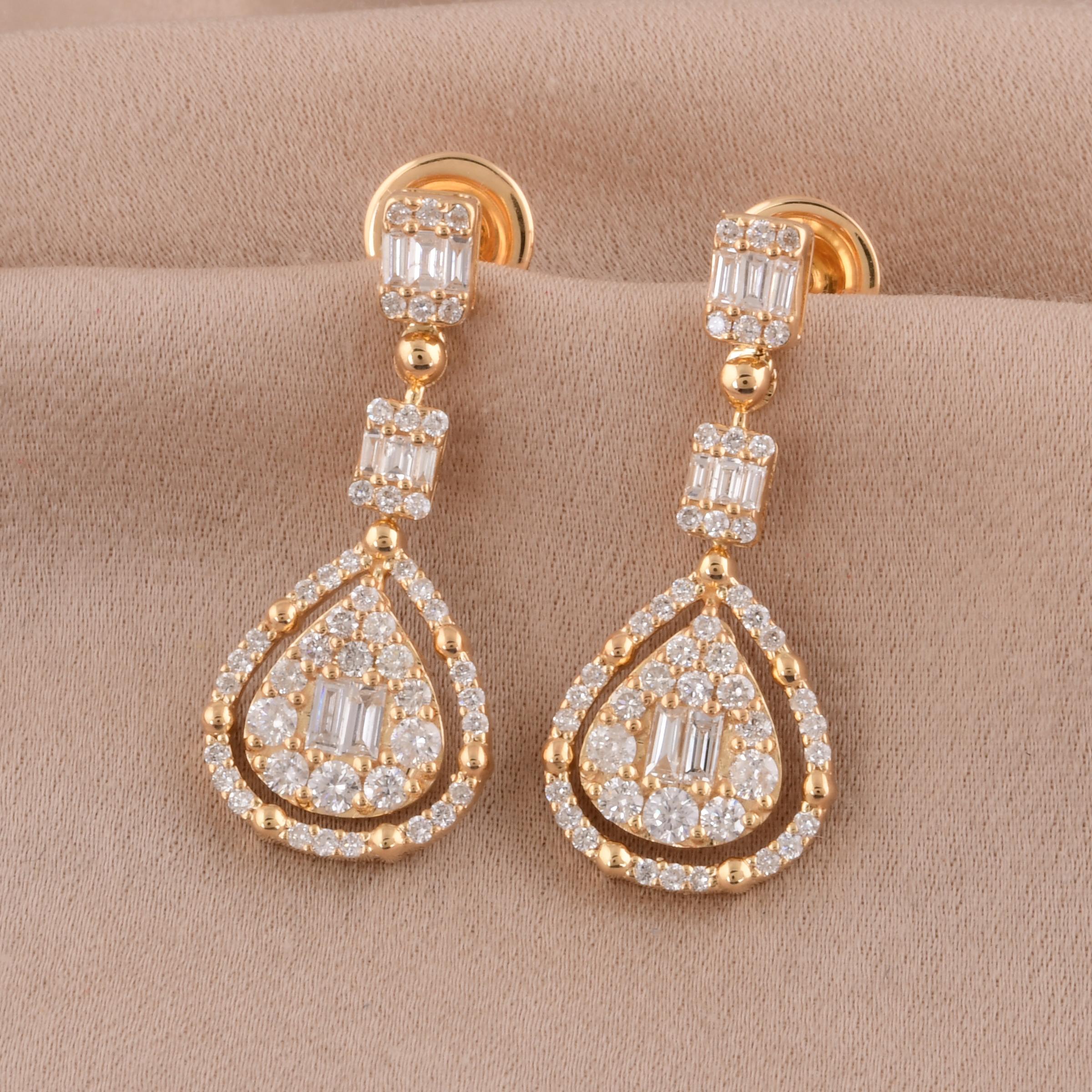 Pendants d'oreilles en or jaune 10 carats avec diamants baguettes naturels de 1,2 carat Pour femmes en vente