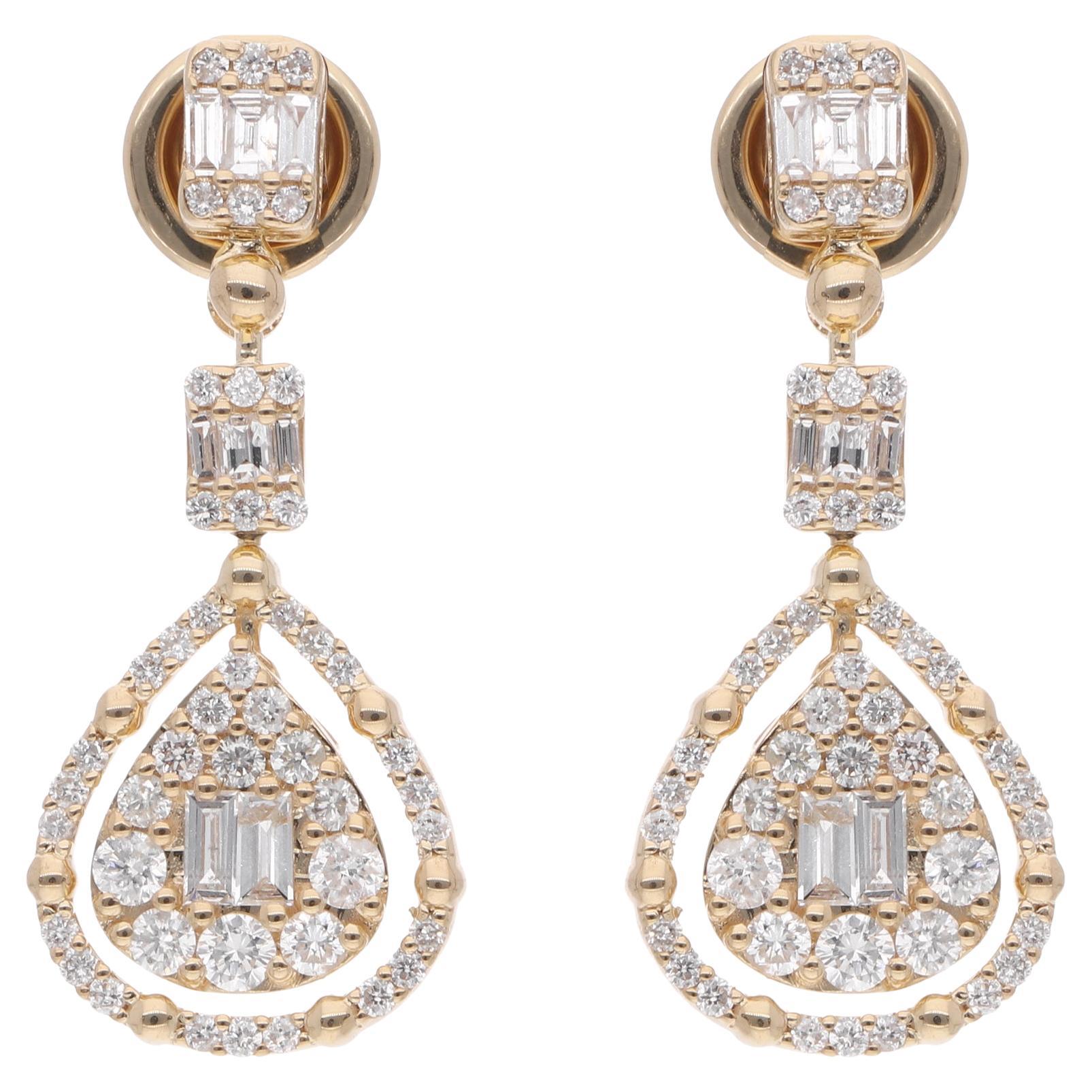 Natural 1.2 Carat Baguette Diamond Dangle Earrings Solid 10k Yellow Gold Jewelry For Sale