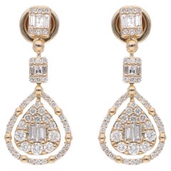 Natural 1.2 Carat Baguette Diamond Dangle Earrings Solid 10k Yellow Gold Jewelry