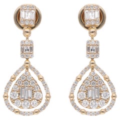 Pendants d'oreilles en or jaune 10 carats avec diamants baguettes naturels de 1,2 carat