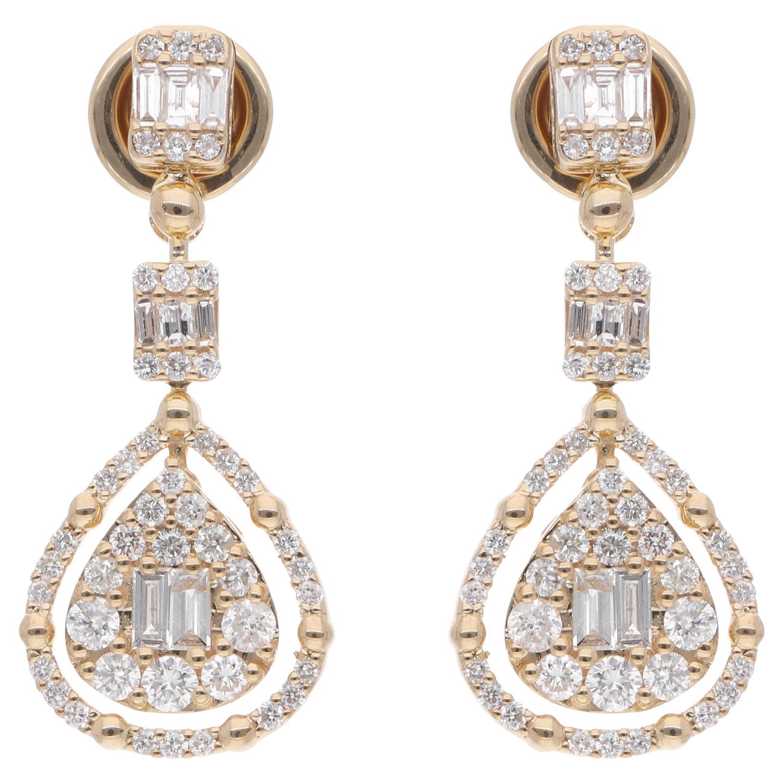 Pendientes colgantes de diamantes baguette naturales de 1,2 quilates Joyas de oro amarillo macizo de 10 quilates