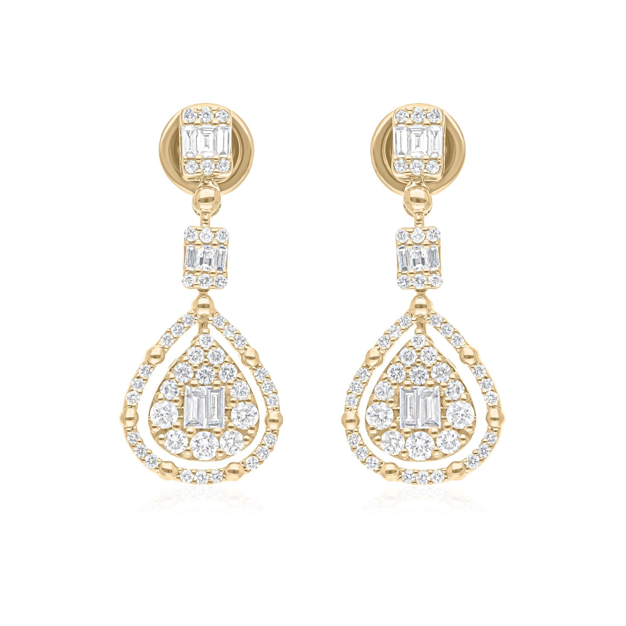 Natural 1.2 Carat Baguette Diamond Dangle Earrings Solid 10k Yellow Gold Jewelry