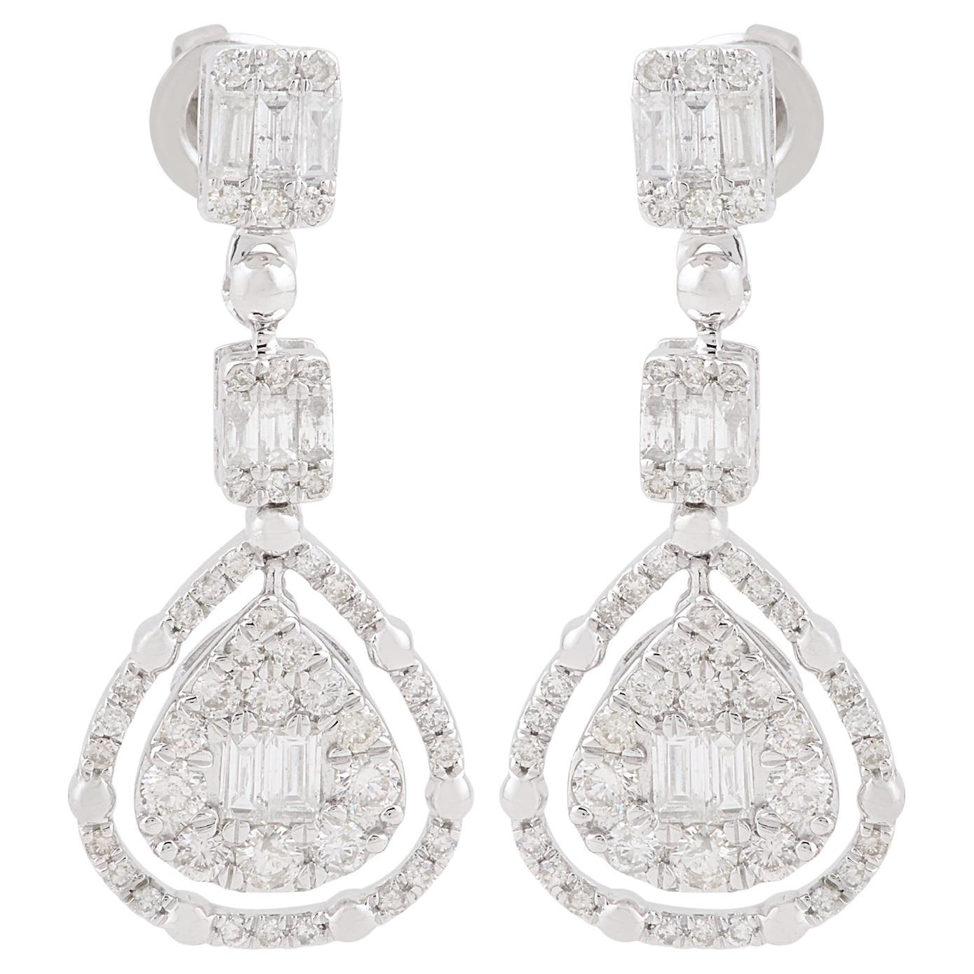 Natural 1.2 Carat SI/H Diamond Cluster Dangle Drop Earrings 10k White Gold