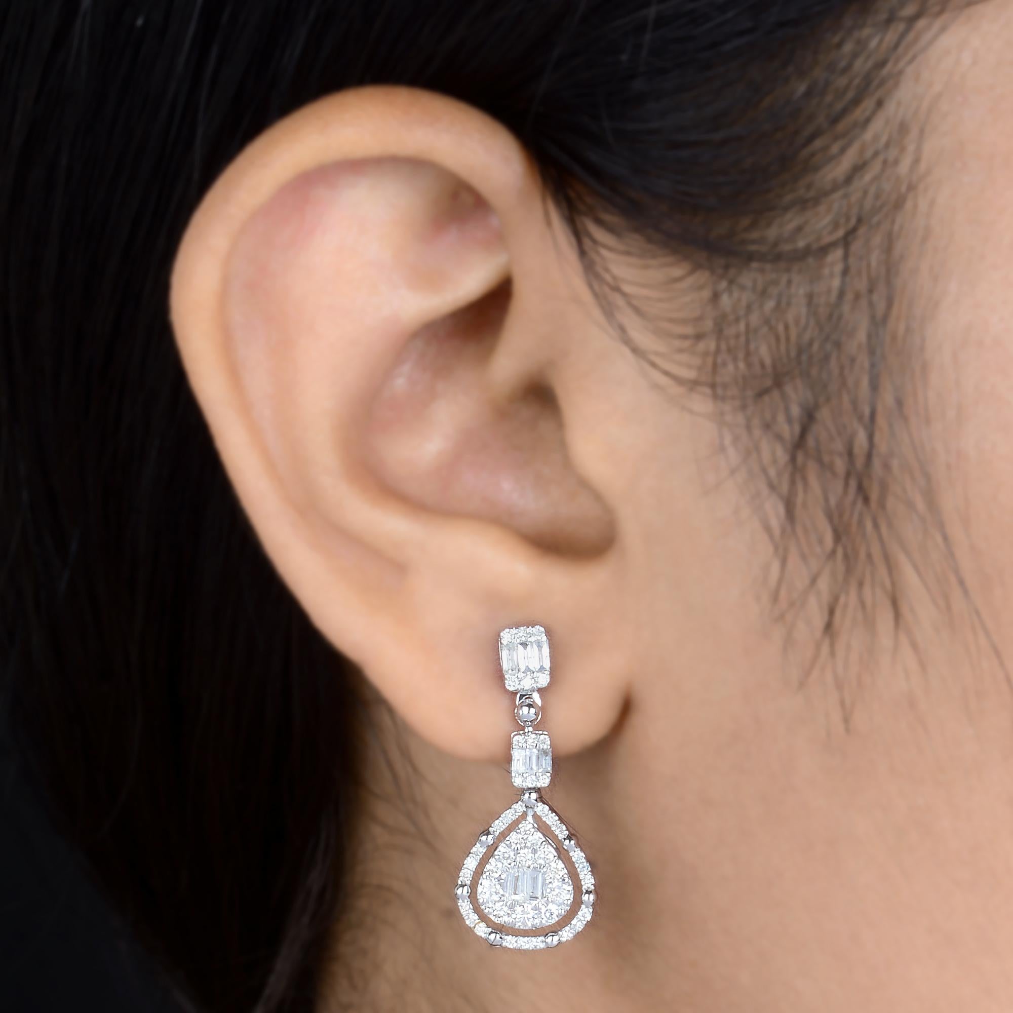 Taille baguette Nature 1.20 Carat Baguette Diamond Dangle Ears Solid 10k White Gold Jewelry en vente