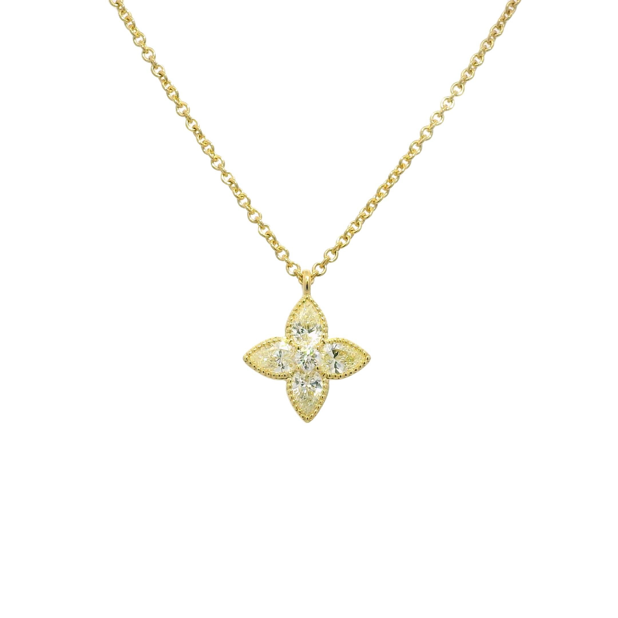 18k Yellow Gold Natural 1.20 Carat Diamond 4 Leaf Flower Pendant Necklace

Product: Natural Pear and Round Diamond Necklace
Material: 18k Yellow Gold
Diamond Details: There are approximately 1.20 carats of, natural, Pear shape and round