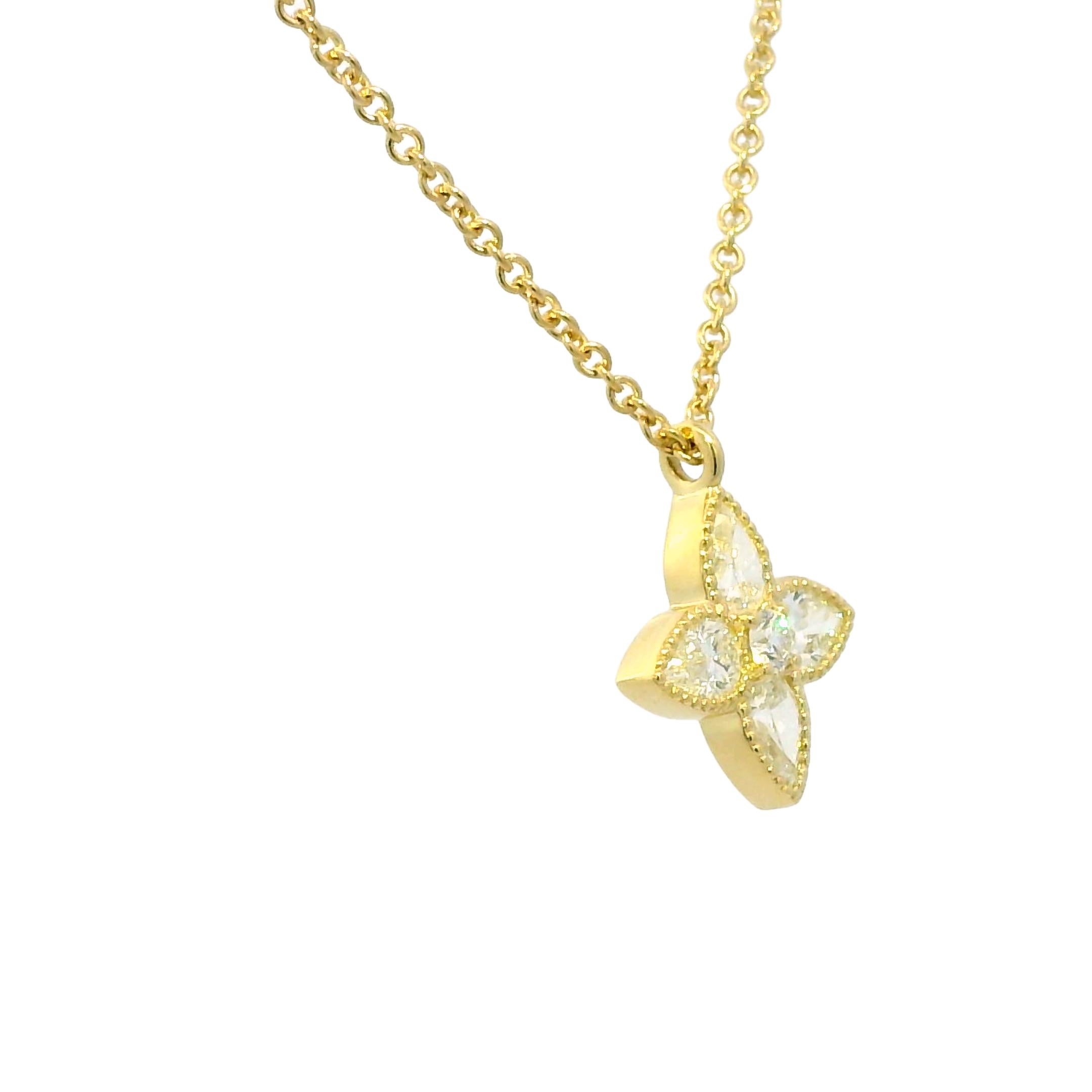 Pear Cut Natural 1.20 Carat Diamond 4 Leaf Flower 18-Karat Pendant Necklace In Stock For Sale