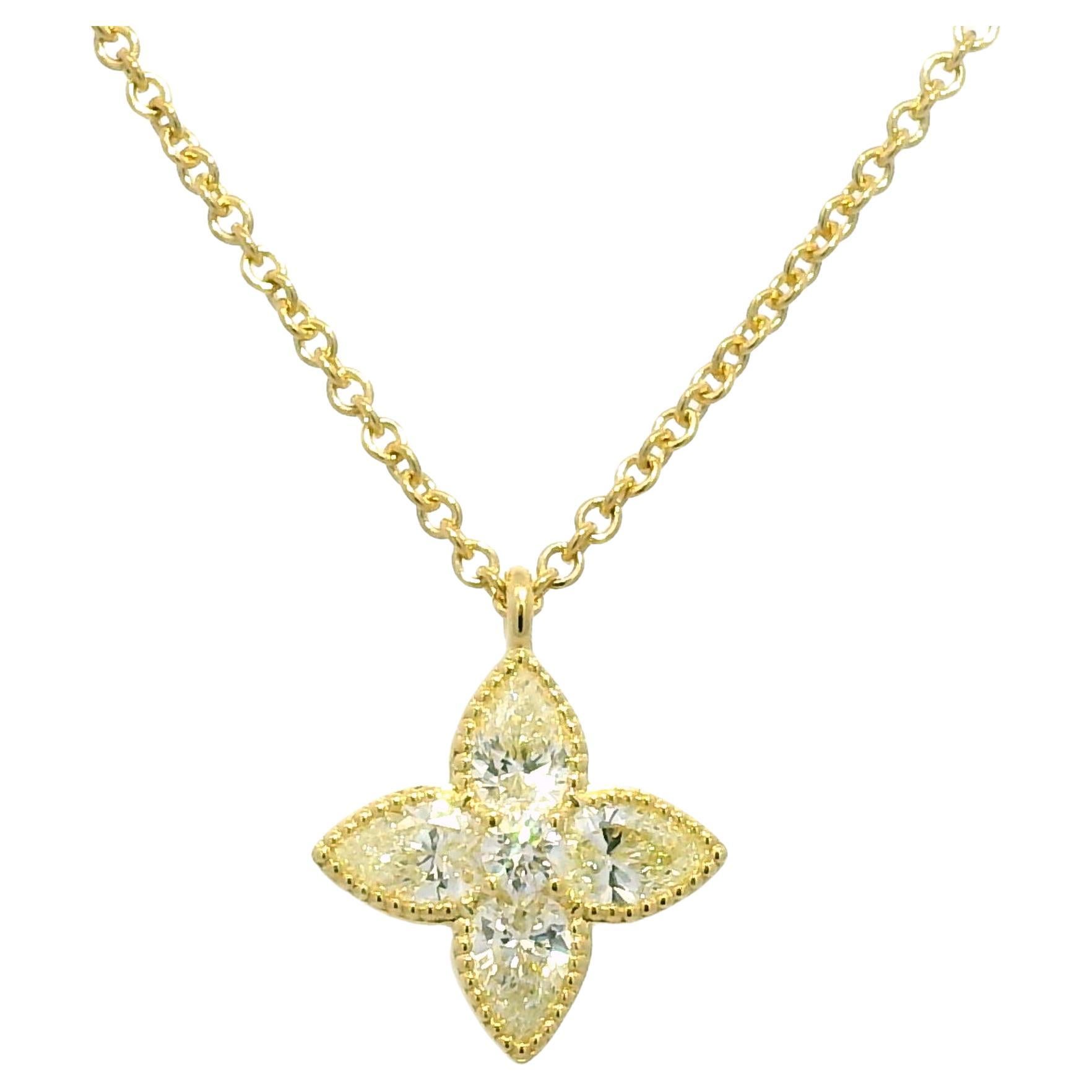 Natural 1.20 Carat Diamond 4 Leaf Flower 18-Karat Pendant Necklace In Stock