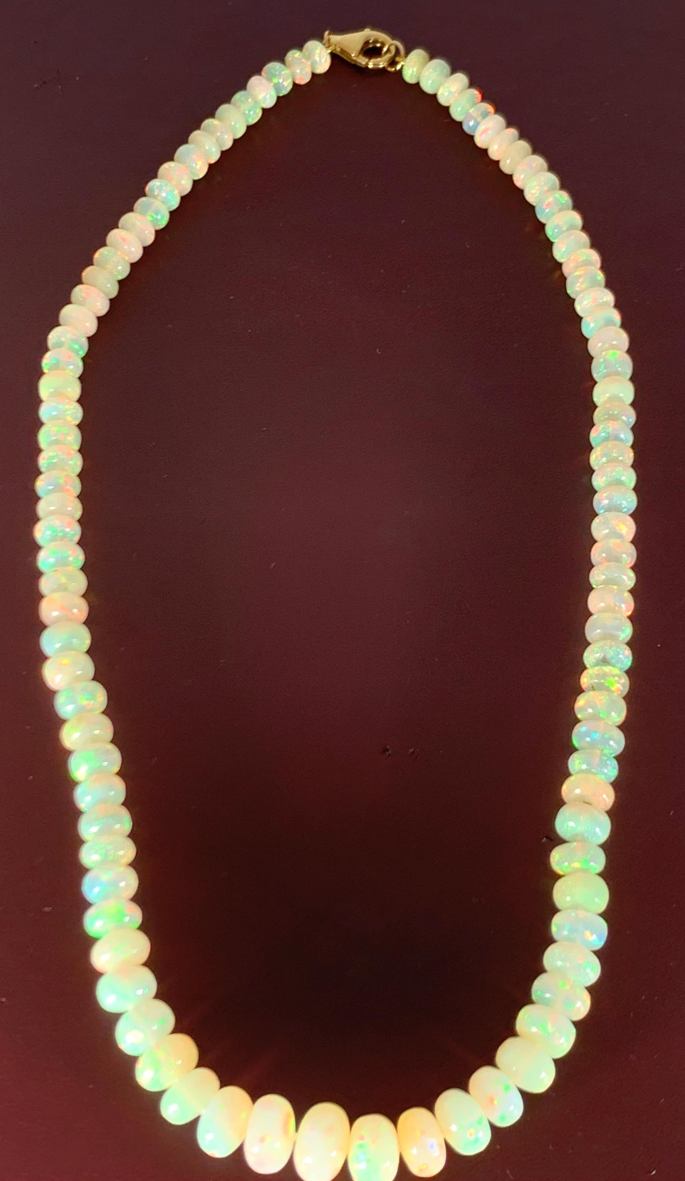 Natural 120 Ct Ethiopian Opal Bead Single Strand Necklace 14 Karat Yellow Gold In Excellent Condition For Sale In New York, NY