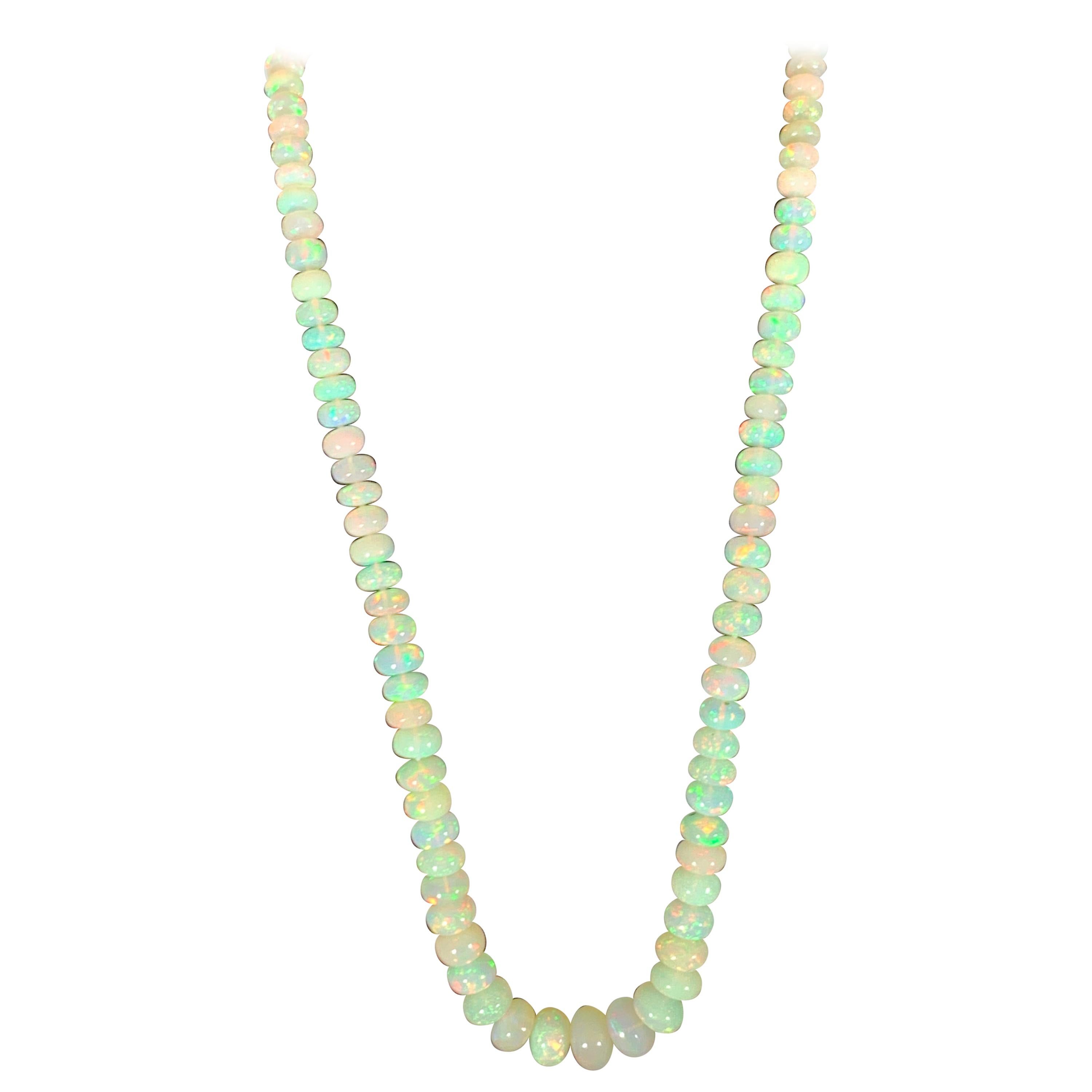 Natural 120 Ct Ethiopian Opal Bead Single Strand Necklace 14 Karat Yellow Gold For Sale