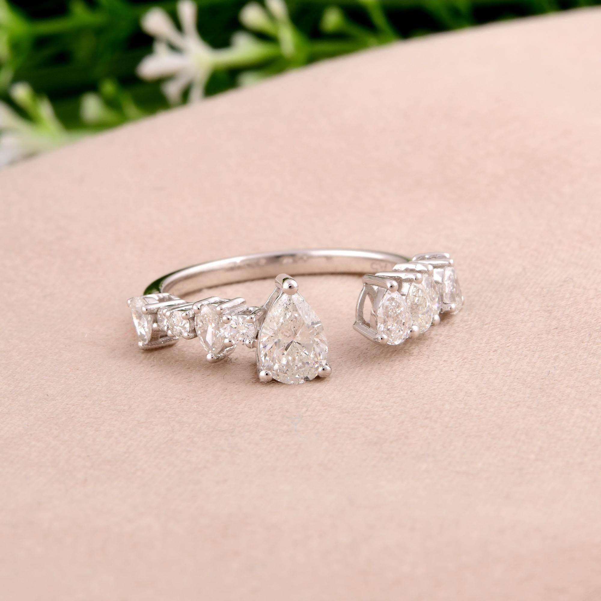 Natural 1.21 Carat Pear & Round Diamond Cuff Ring 18 Karat White Gold Jewelry In New Condition For Sale In Diera, Dubai