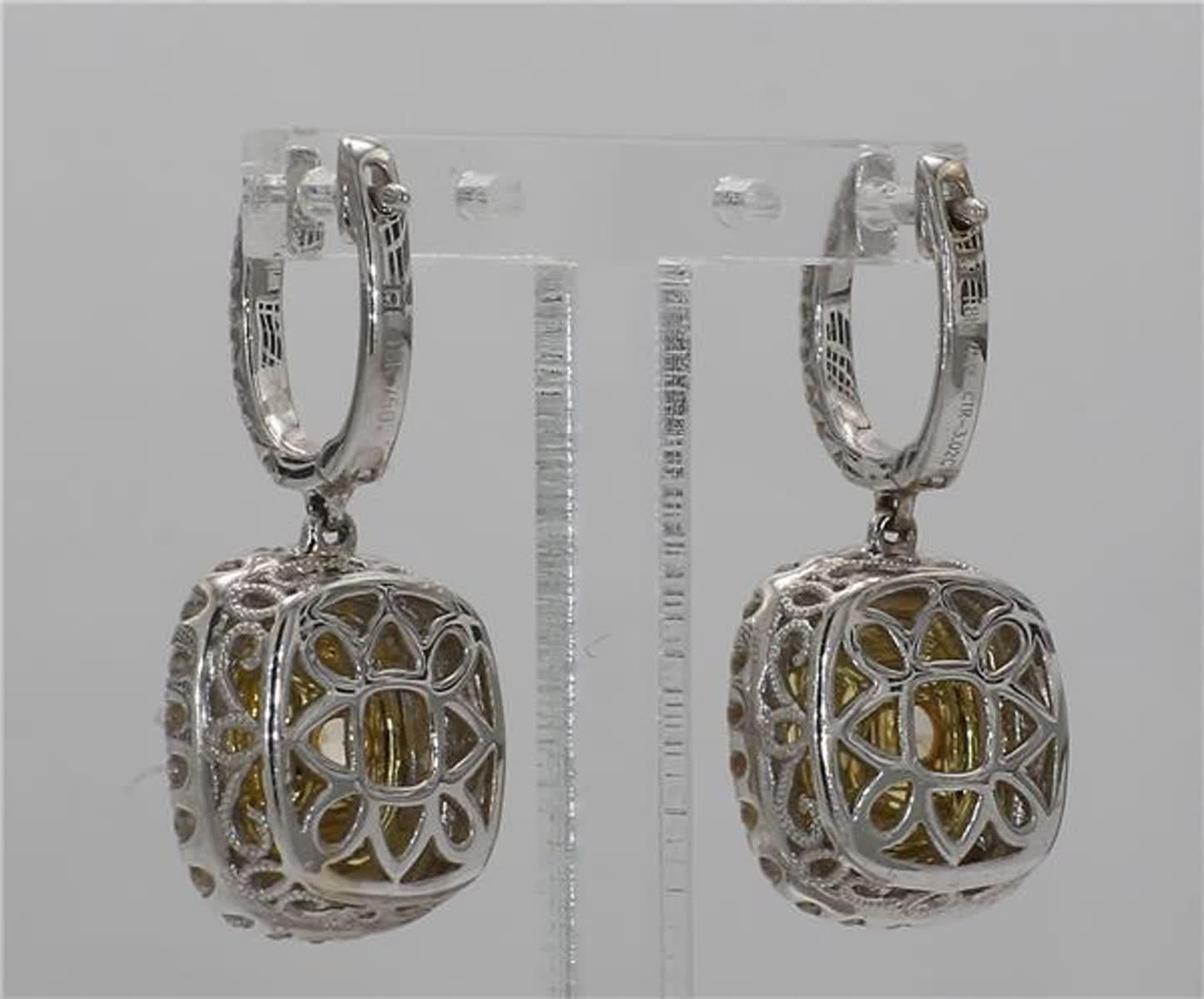 Contemporary Natural Yellow Cushions and White Diamond 4.58 Carat TW Gold Dangle Earrings