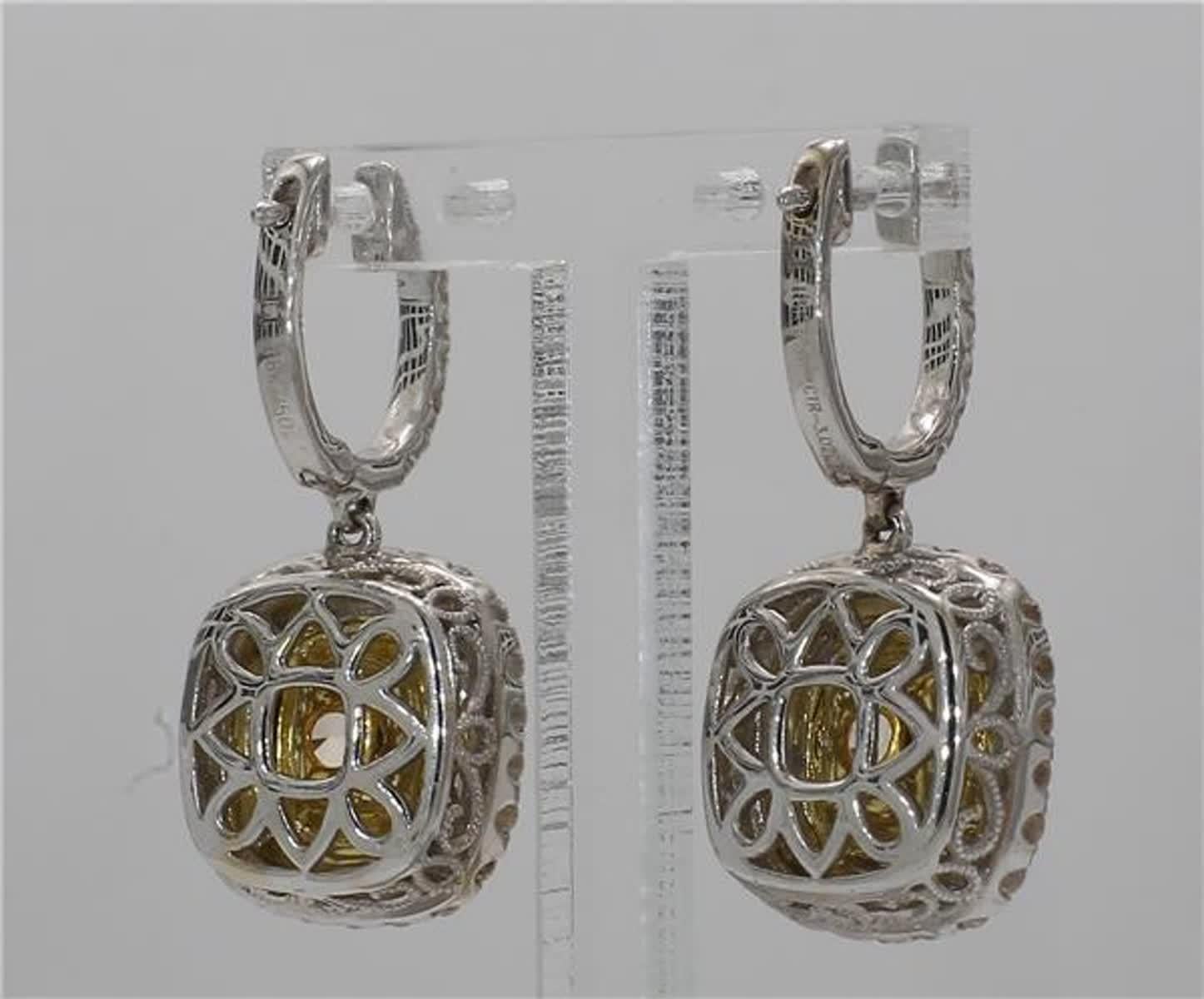 Women's Natural Yellow Cushions and White Diamond 4.58 Carat TW Gold Dangle Earrings