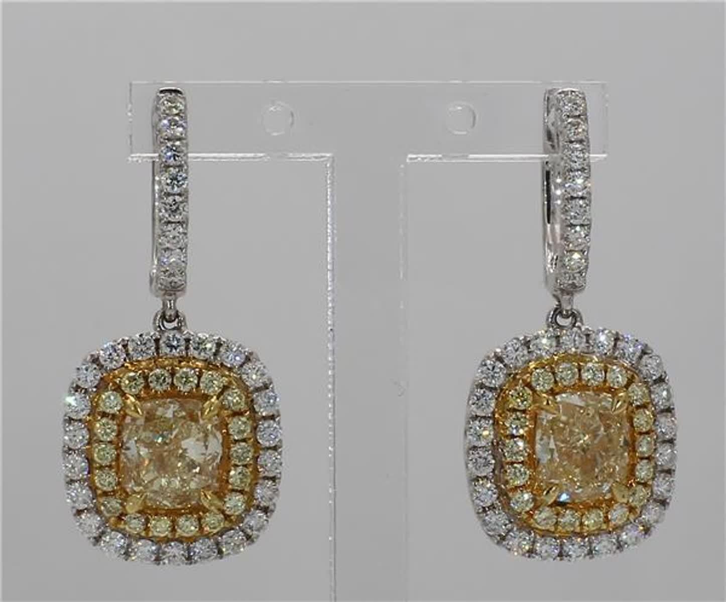 Natural Yellow Cushions and White Diamond 4.58 Carat TW Gold Dangle Earrings 1