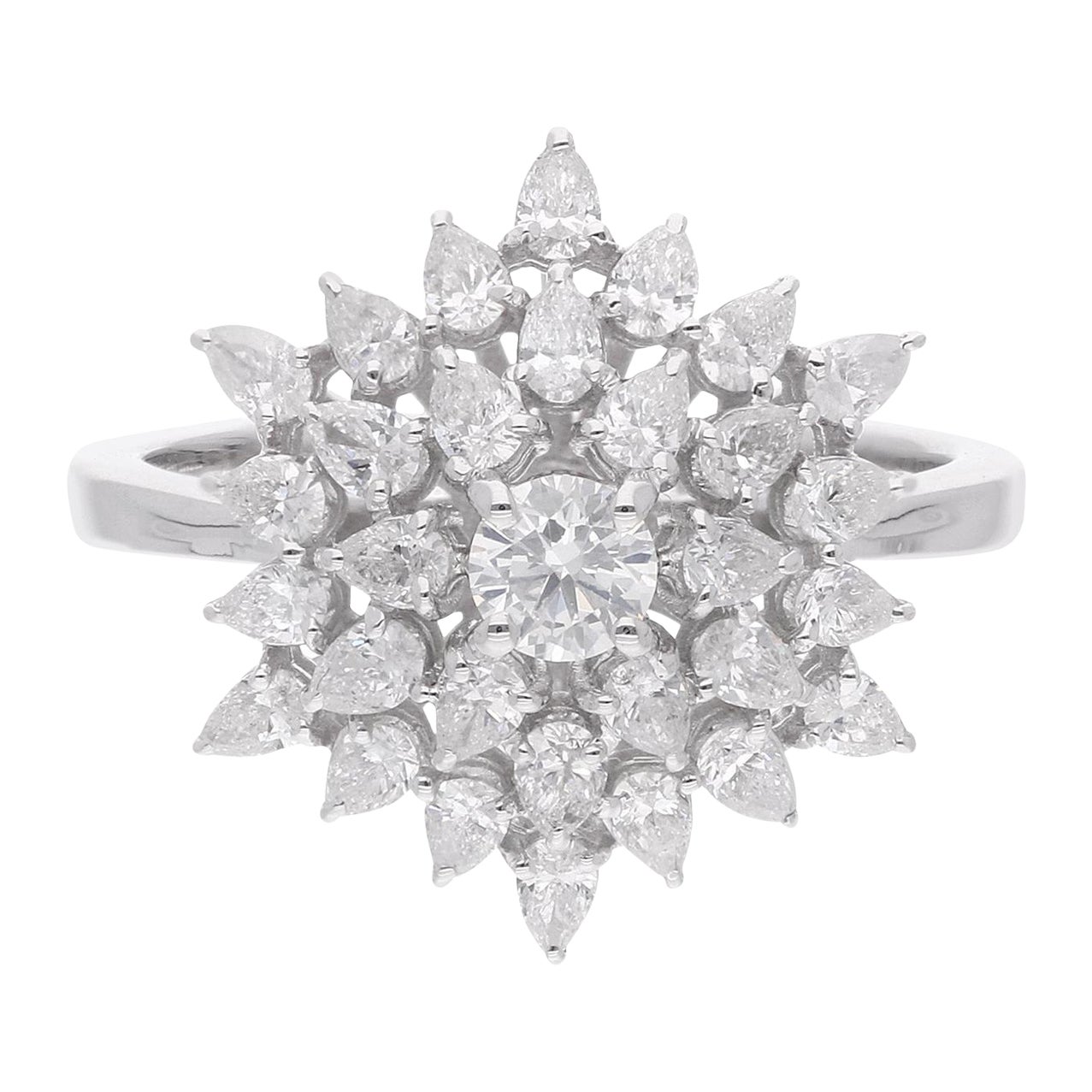Natürlicher natürlicher 1,23 Karat runder & birnenförmiger Diamant-Blumenring 14 Karat Weißgold Schmuck im Angebot