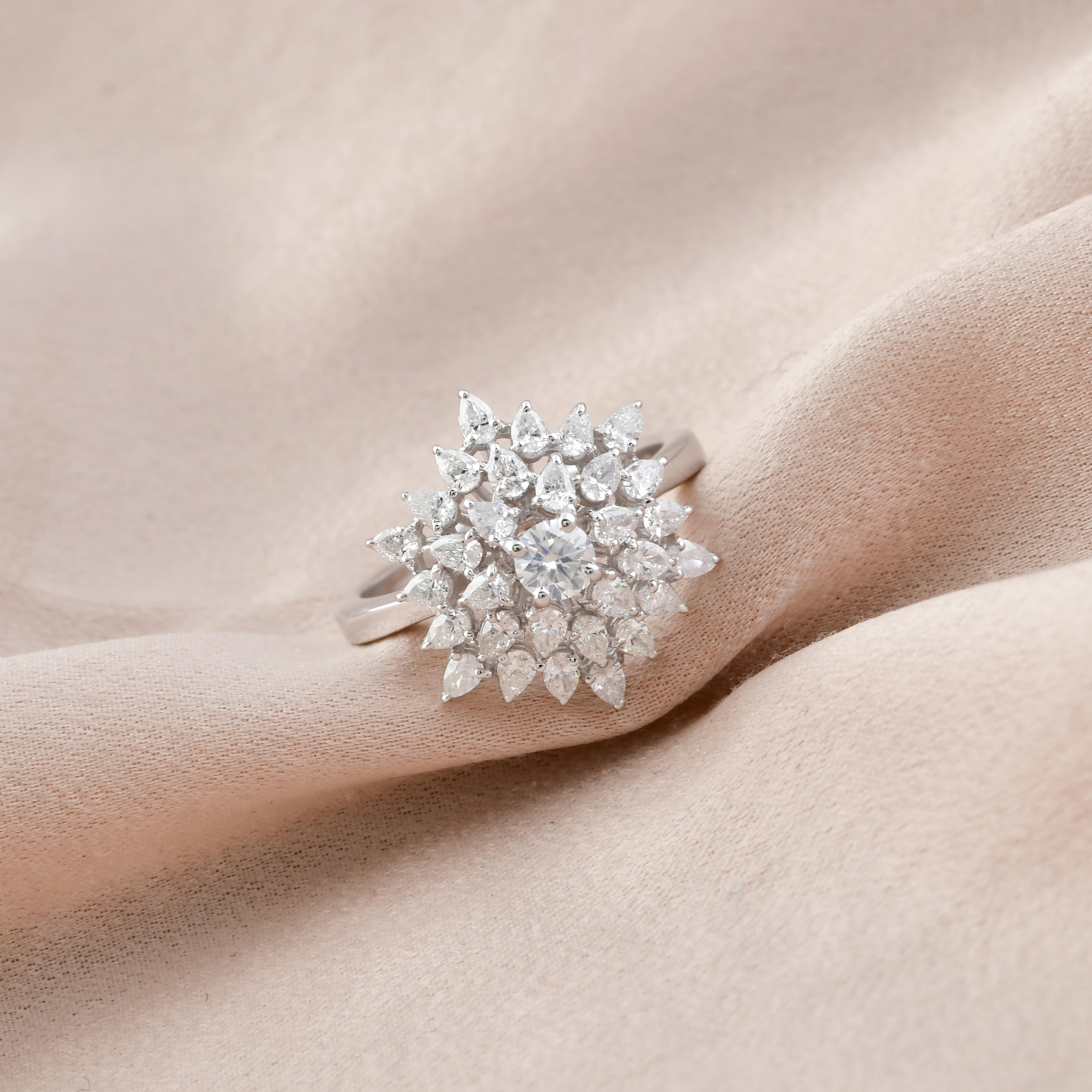Modern Natural 1.23 Carat Round & Pear Diamond Flower Ring 18 Karat White Gold Jewelry For Sale